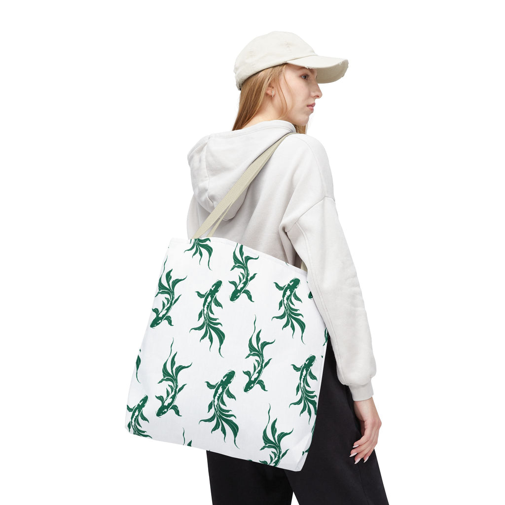 Green Koi Fish Pattern Tote Bag — Floral Aquatic All-Over Print Tote