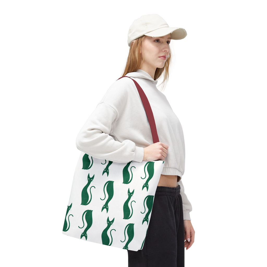 Green Cat Pattern Tote Bag — Cute Minimalist Cat Print All-Over Tote