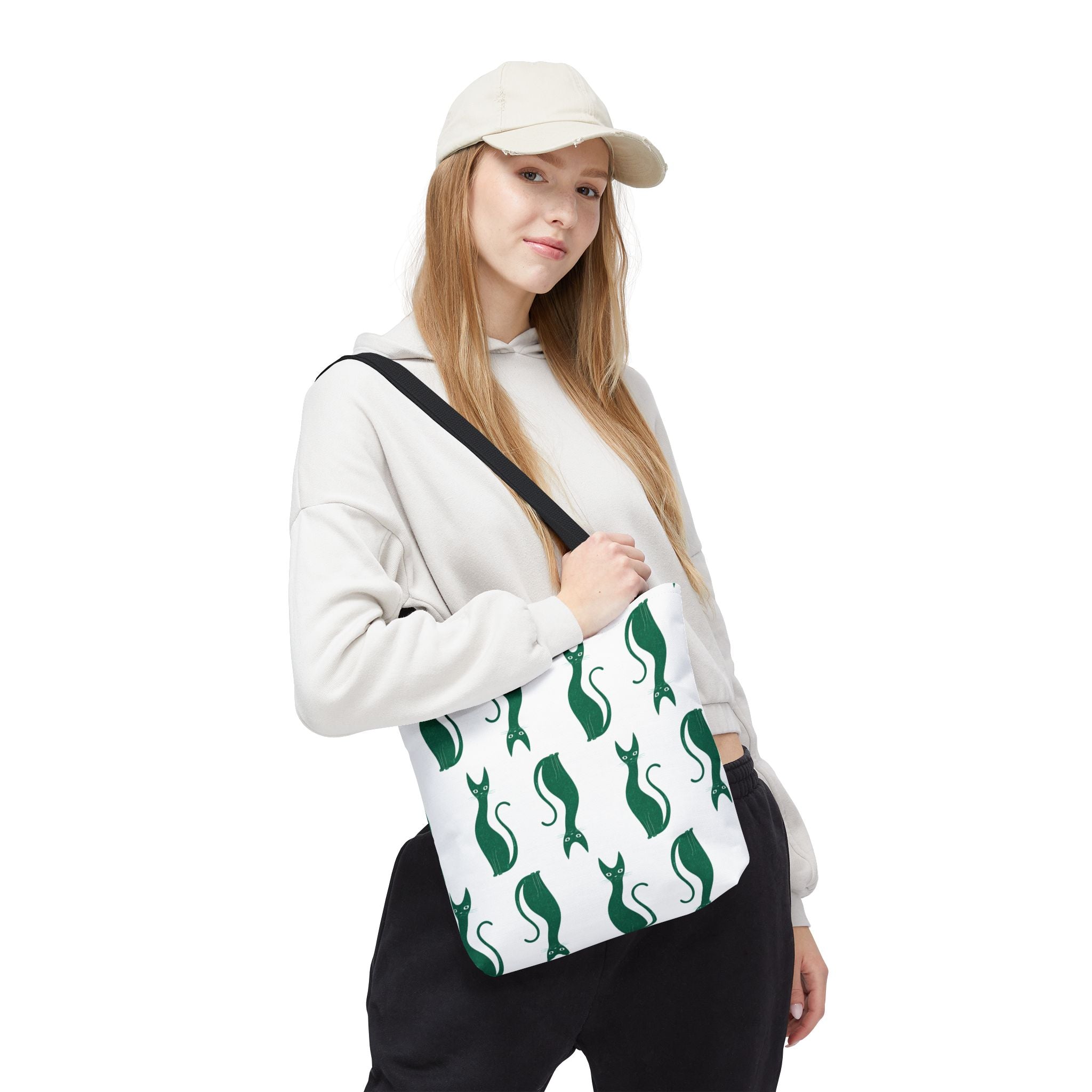Green Cat Pattern Tote Bag — Cute Minimalist Cat Print All-Over Tote
