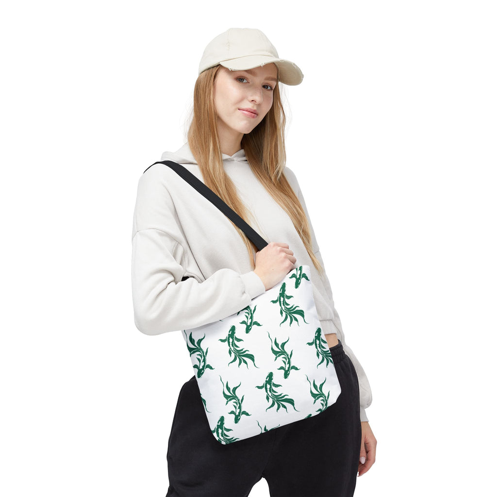 Green Koi Fish Pattern Tote Bag — Floral Aquatic All-Over Print Tote