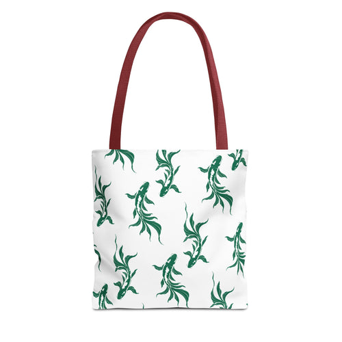 Green Koi Fish Pattern Tote Bag — Floral Aquatic All-Over Print Tote