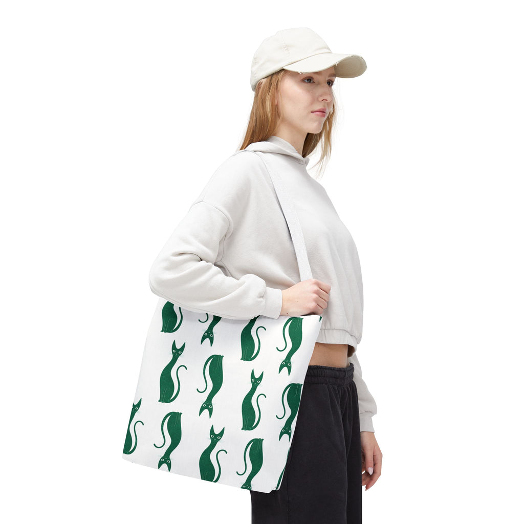 Green Cat Pattern Tote Bag — Cute Minimalist Cat Print All-Over Tote