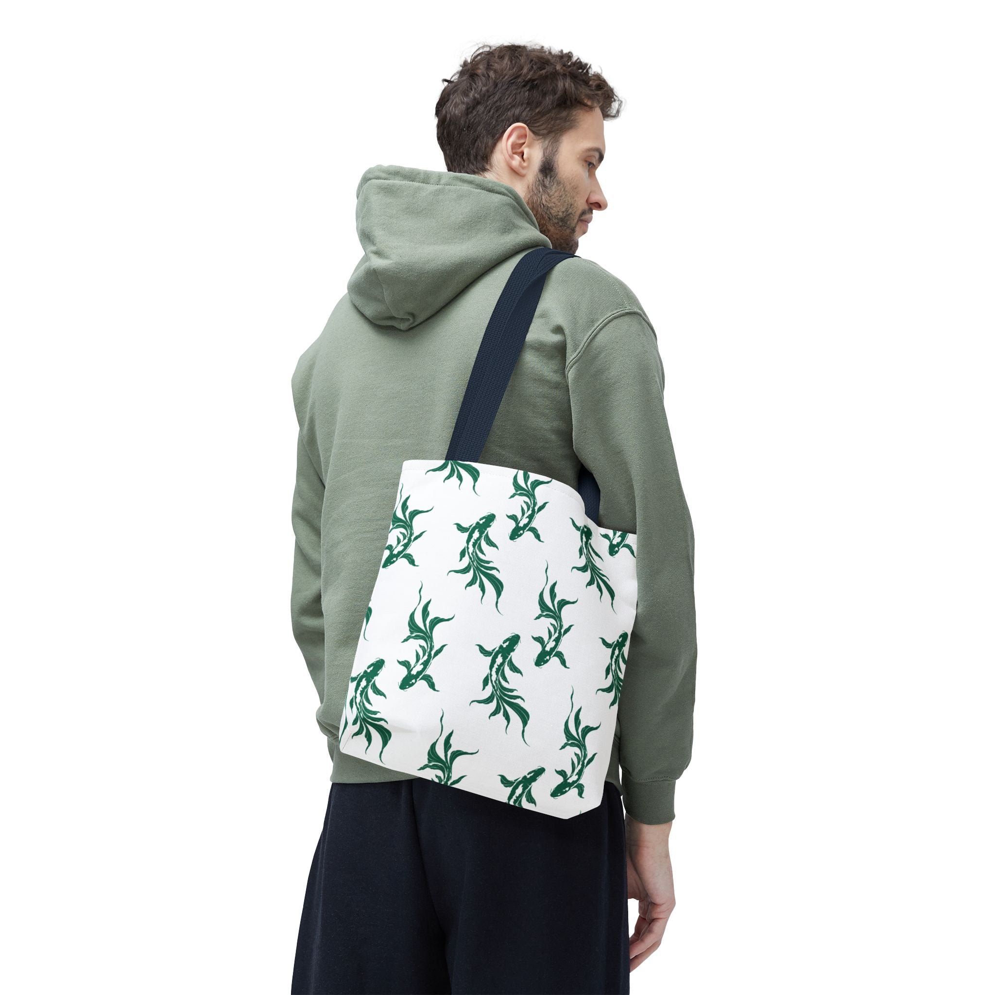 Green Koi Fish Pattern Tote Bag — Floral Aquatic All-Over Print Tote