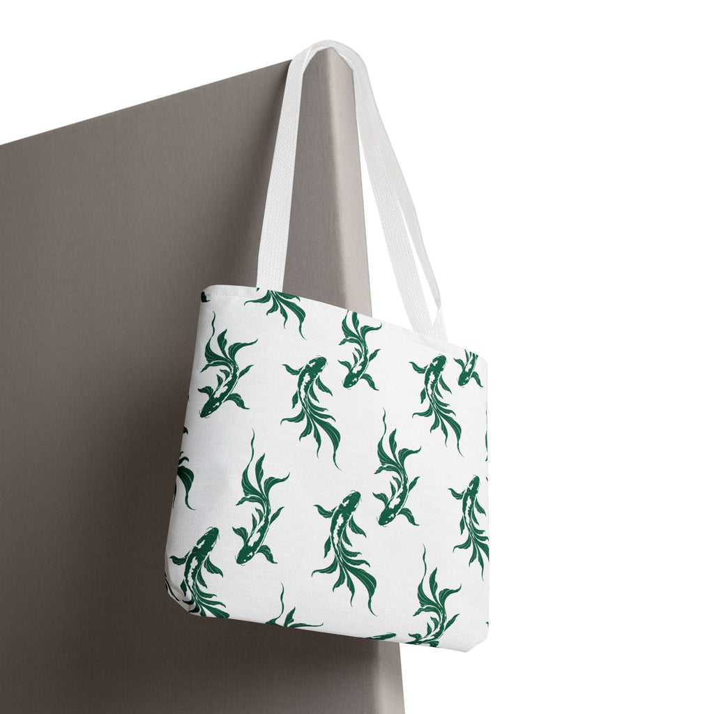 Green Koi Fish Pattern Tote Bag — Floral Aquatic All-Over Print Tote