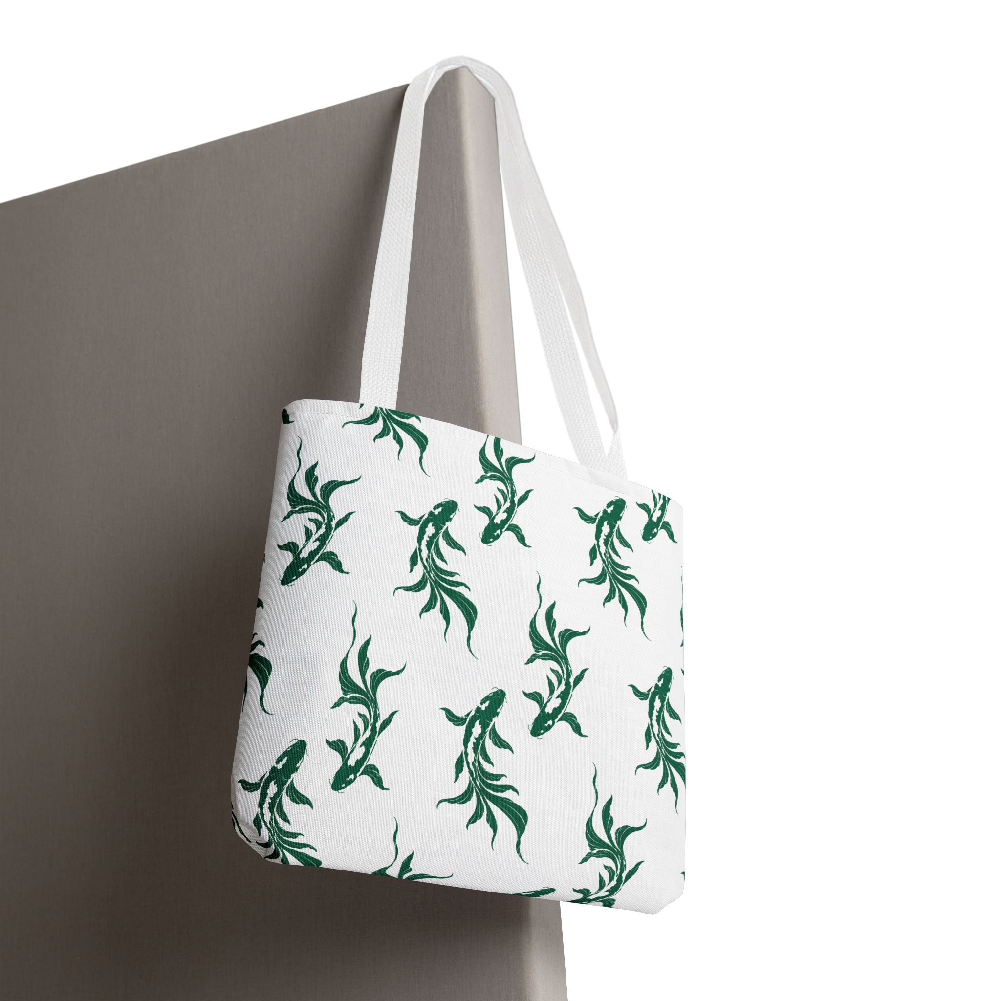 Green Koi Fish Pattern Tote Bag — Floral Aquatic All-Over Print Tote