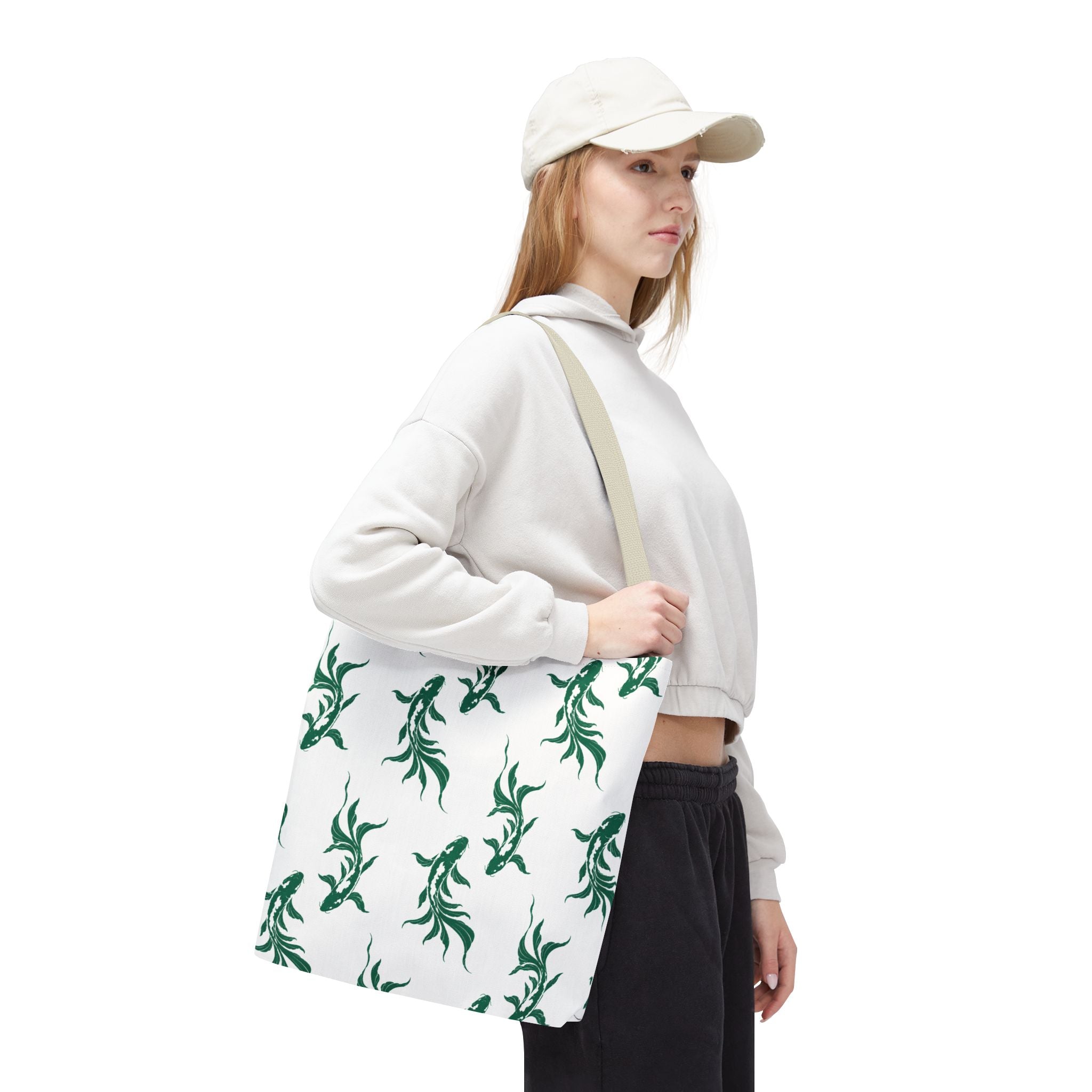 Green Koi Fish Pattern Tote Bag — Floral Aquatic All-Over Print Tote