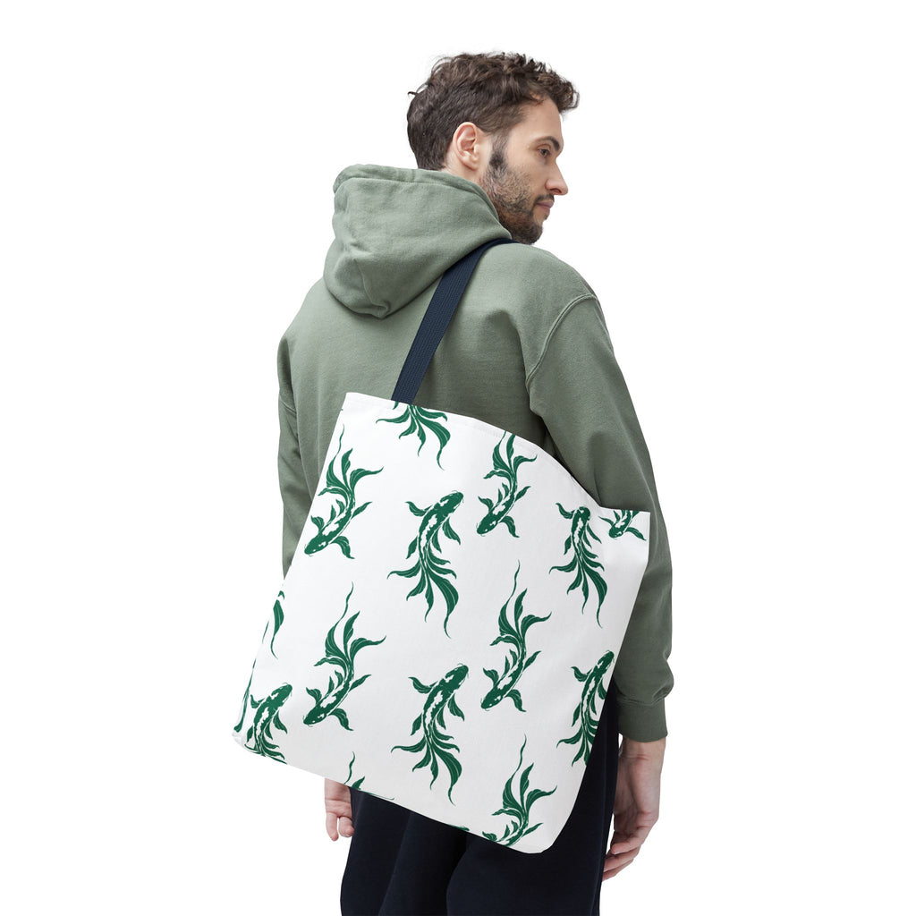 Green Koi Fish Pattern Tote Bag — Floral Aquatic All-Over Print Tote