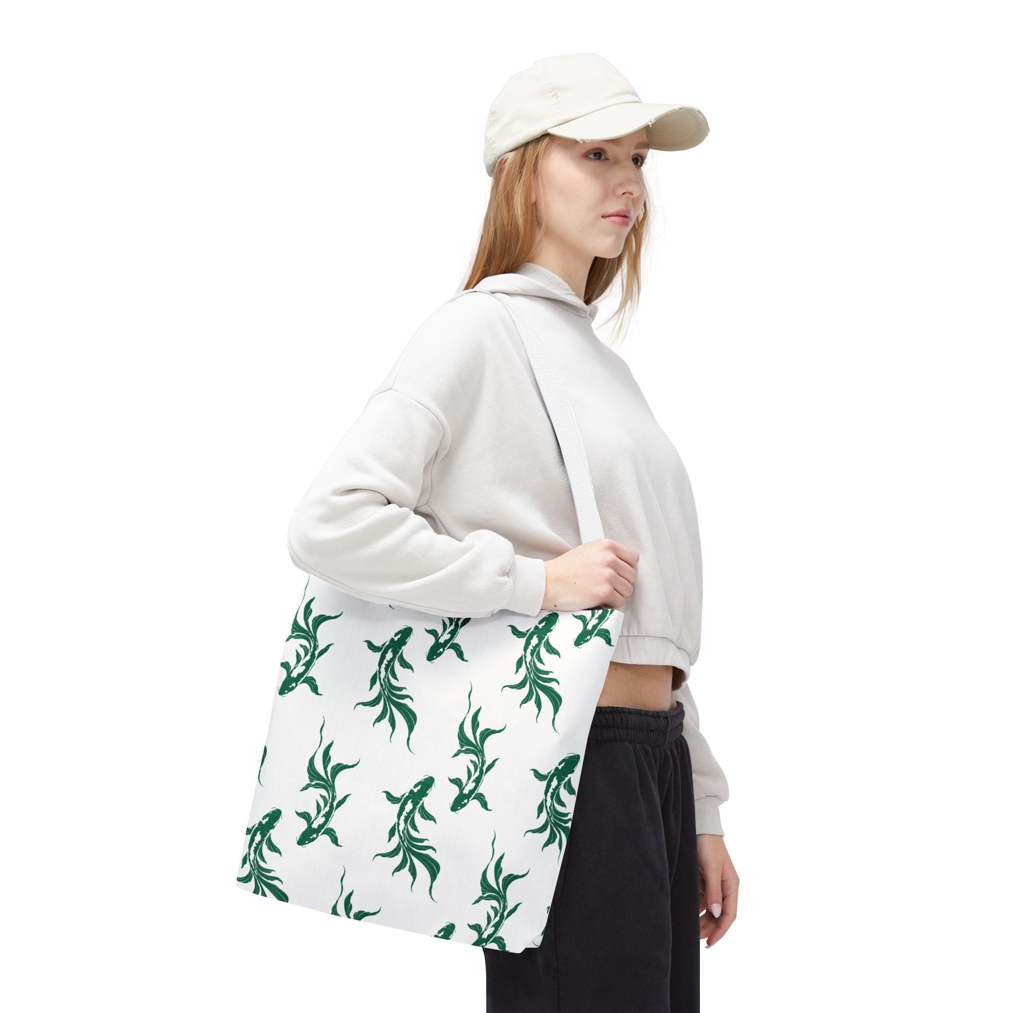 Green Koi Fish Pattern Tote Bag — Floral Aquatic All-Over Print Tote