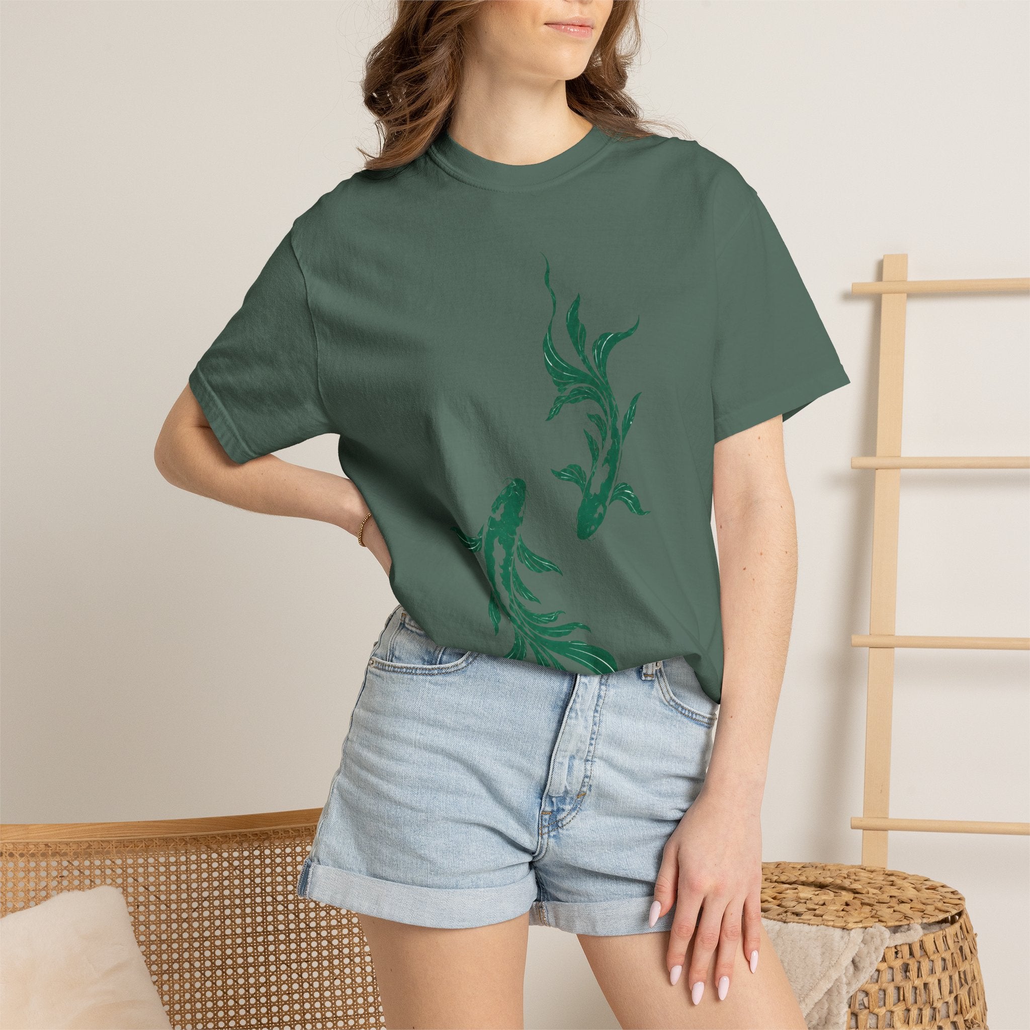 Koi Fish Graphic T-Shirt – Green Dual Koi Design