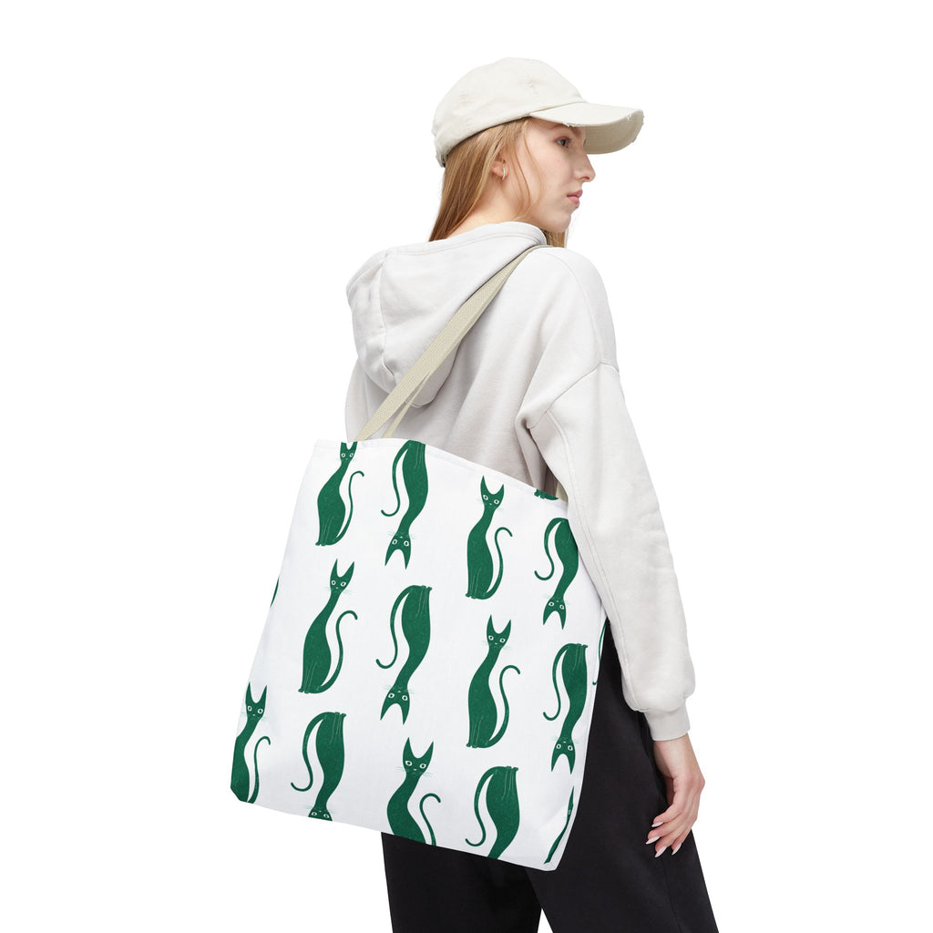 Green Cat Pattern Tote Bag — Cute Minimalist Cat Print All-Over Tote