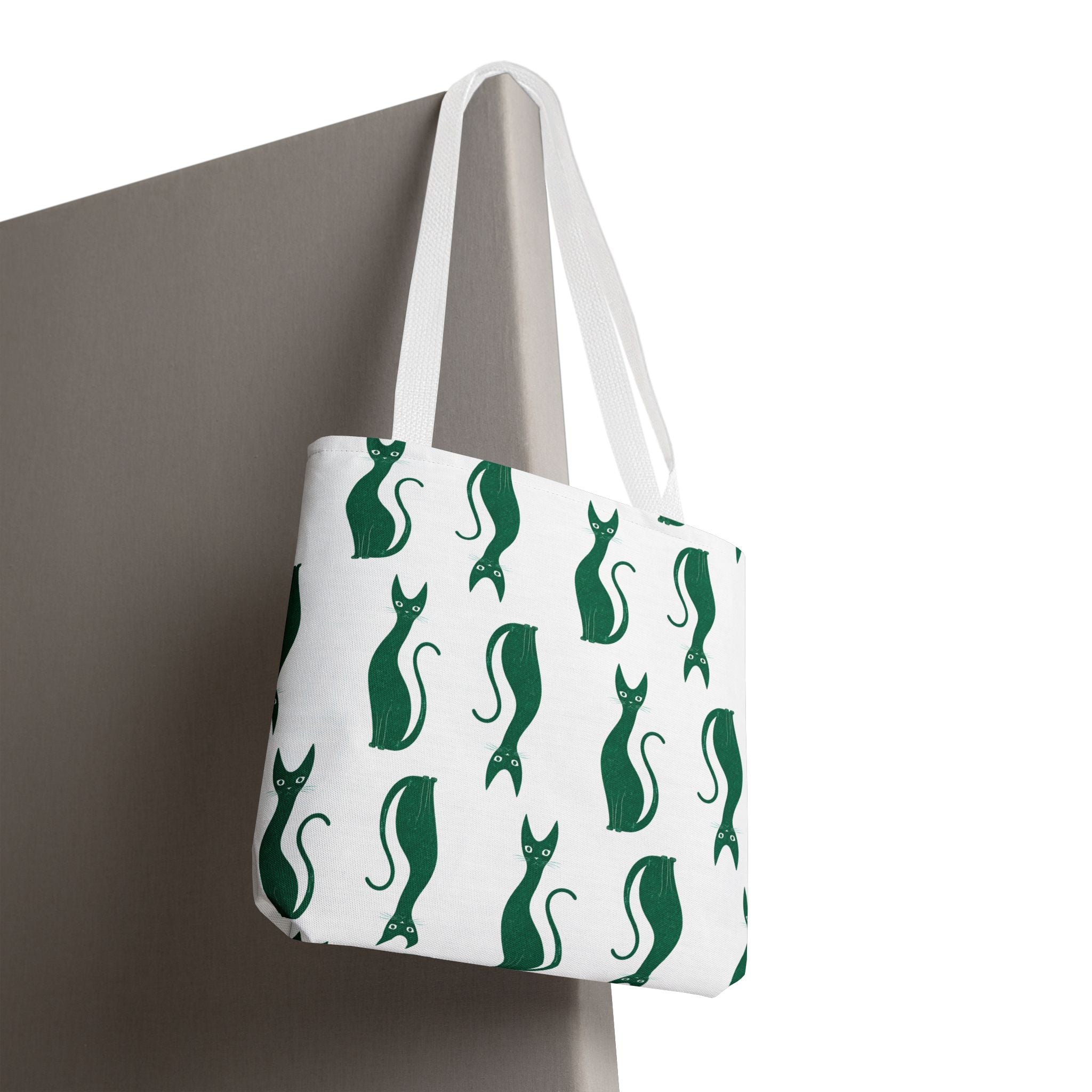 Green Cat Pattern Tote Bag — Cute Minimalist Cat Print All-Over Tote