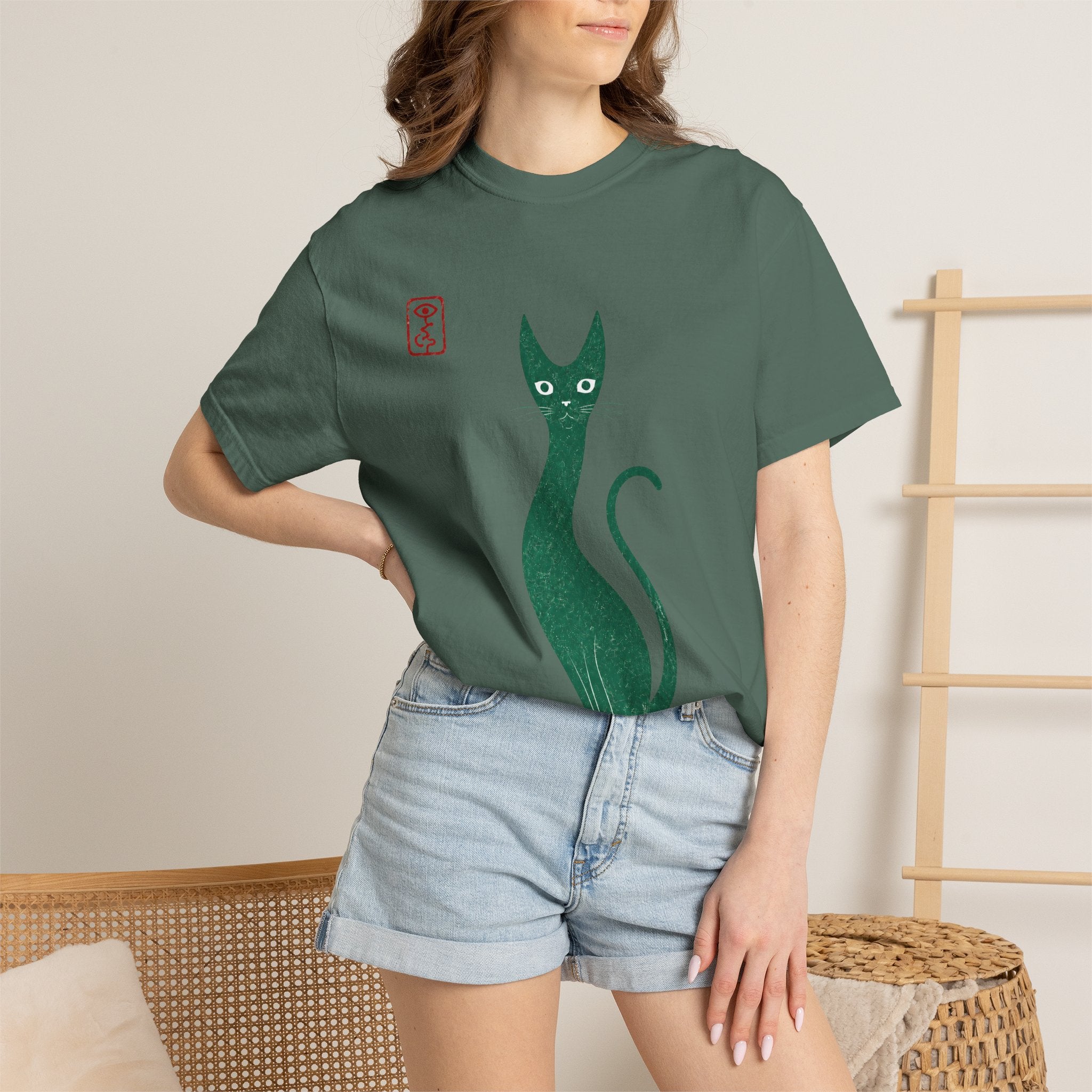 Cat Silhouette T-Shirt — Minimal Green Kitty Graphic Tee