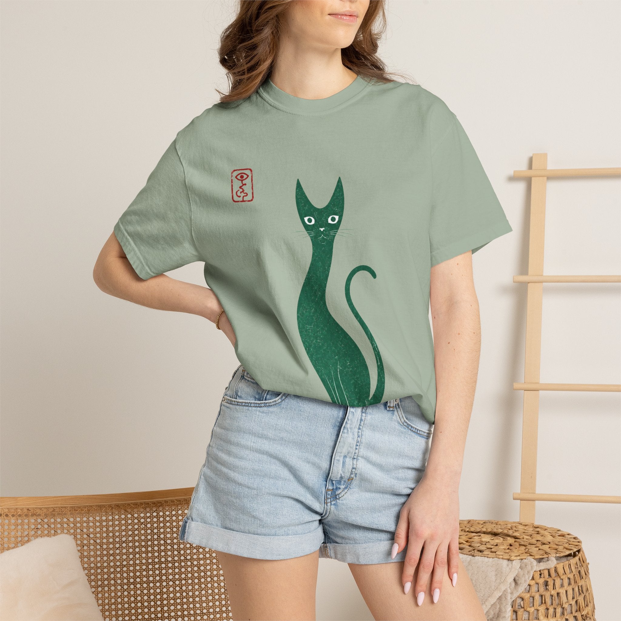 Cat Silhouette T-Shirt — Minimal Green Kitty Graphic Tee