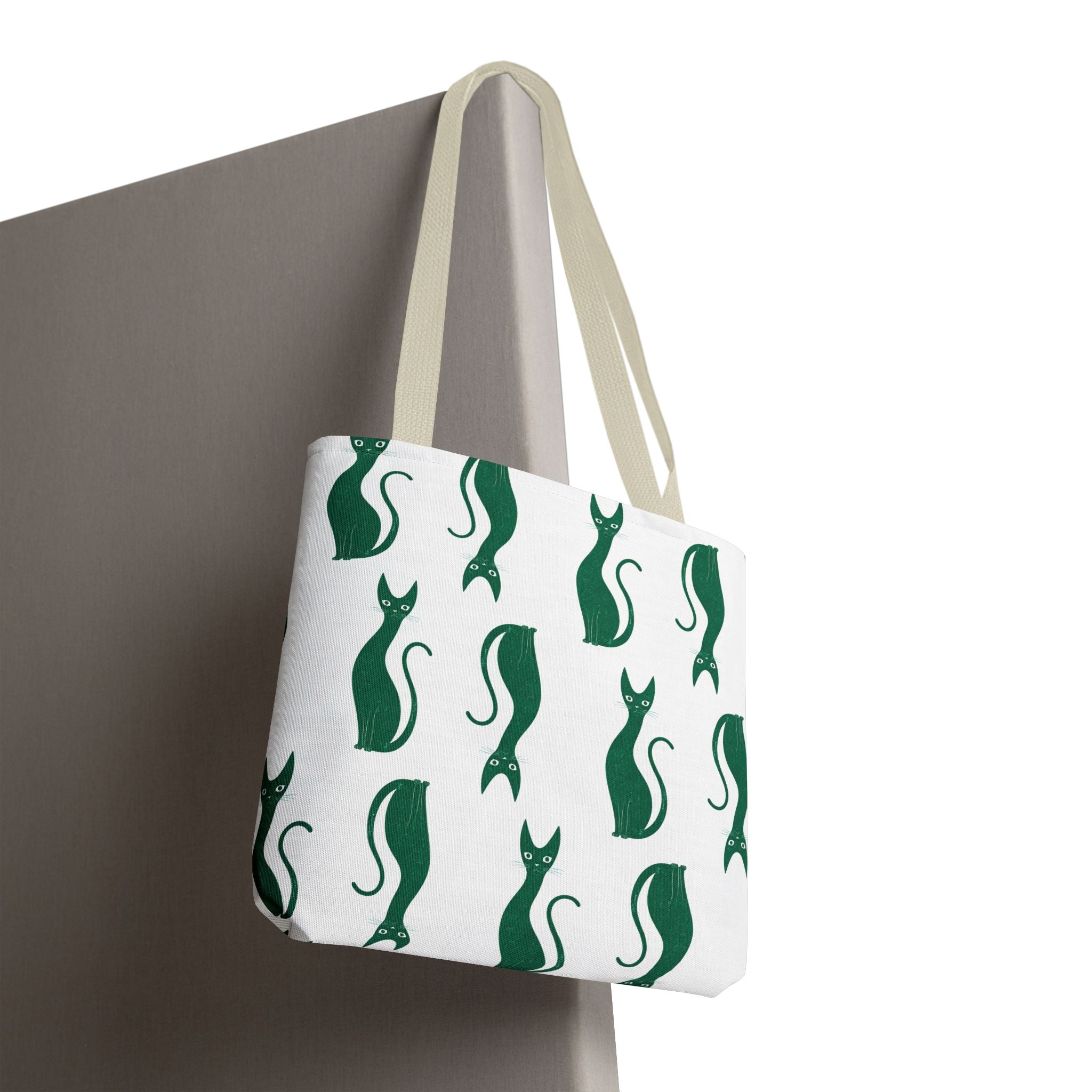 Green Cat Pattern Tote Bag — Cute Minimalist Cat Print All-Over Tote