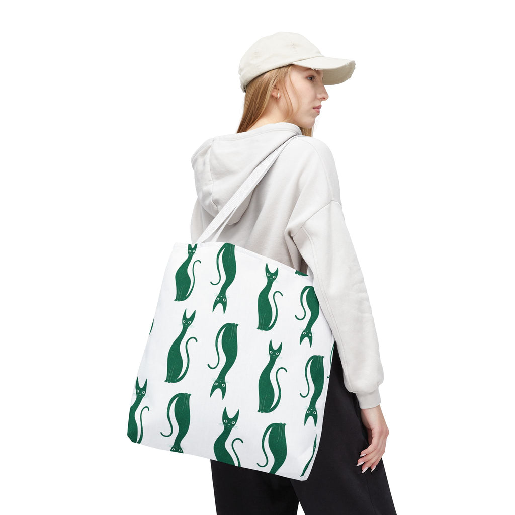 Green Cat Pattern Tote Bag — Cute Minimalist Cat Print All-Over Tote