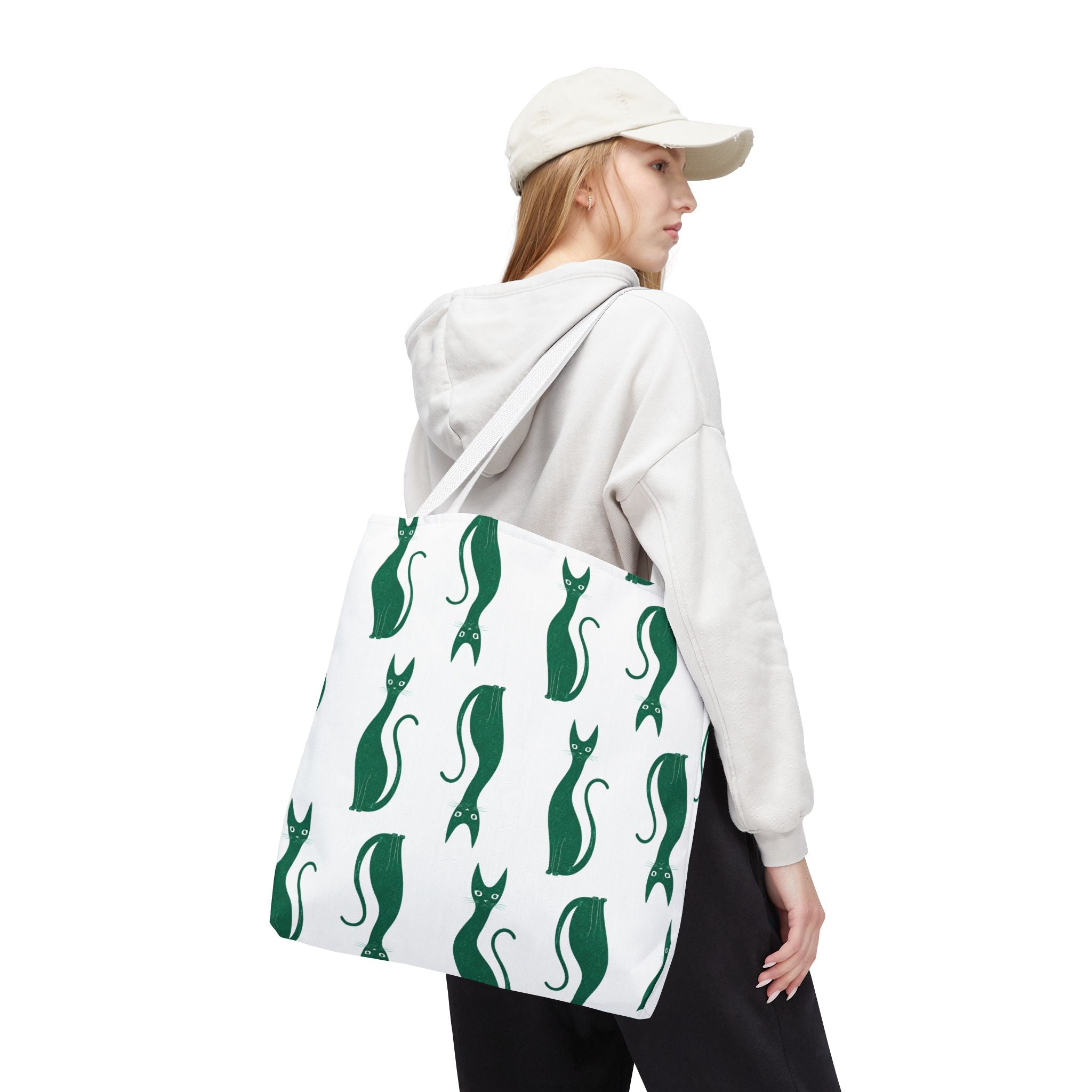 Green Cat Pattern Tote Bag — Cute Minimalist Cat Print All-Over Tote