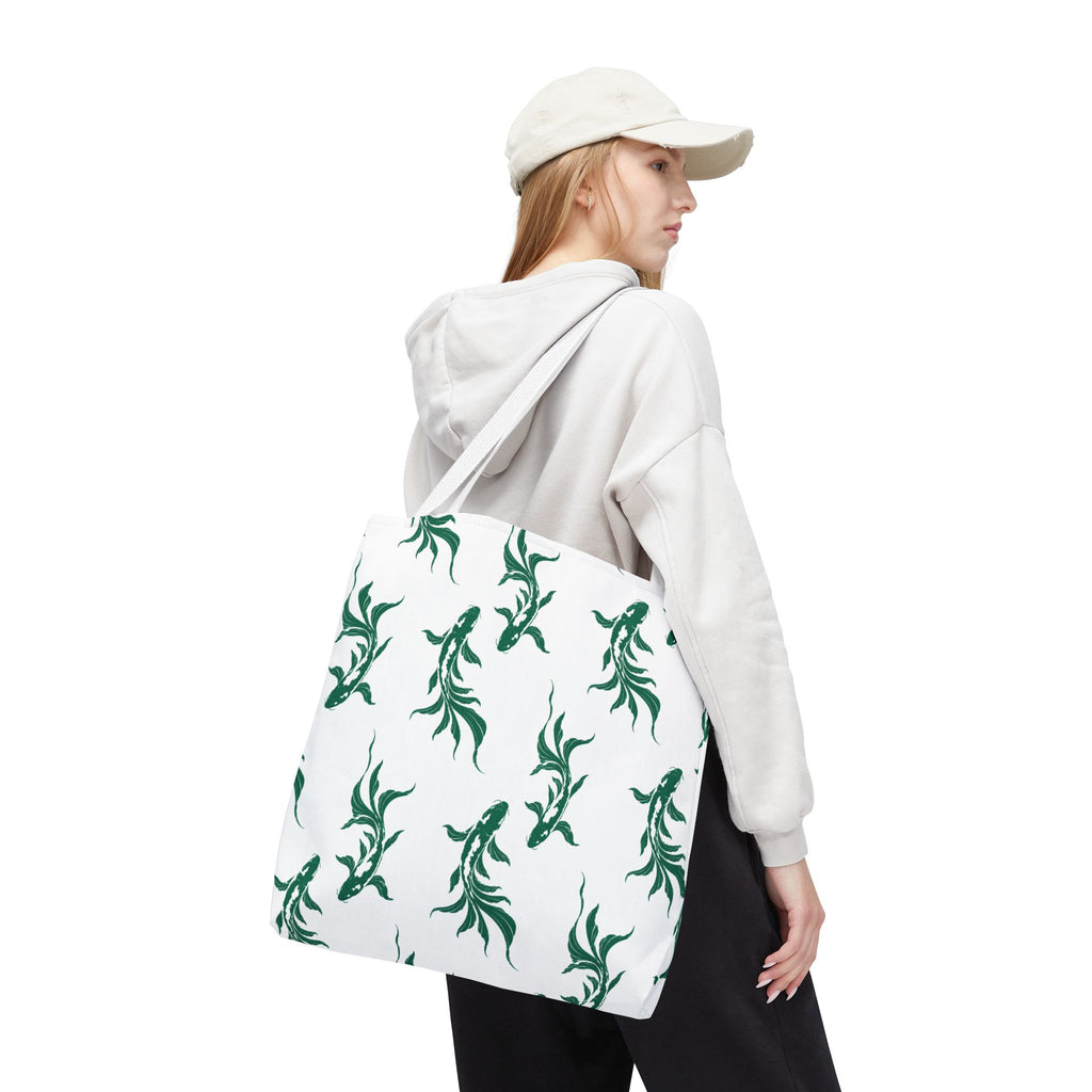 Green Koi Fish Pattern Tote Bag — Floral Aquatic All-Over Print Tote
