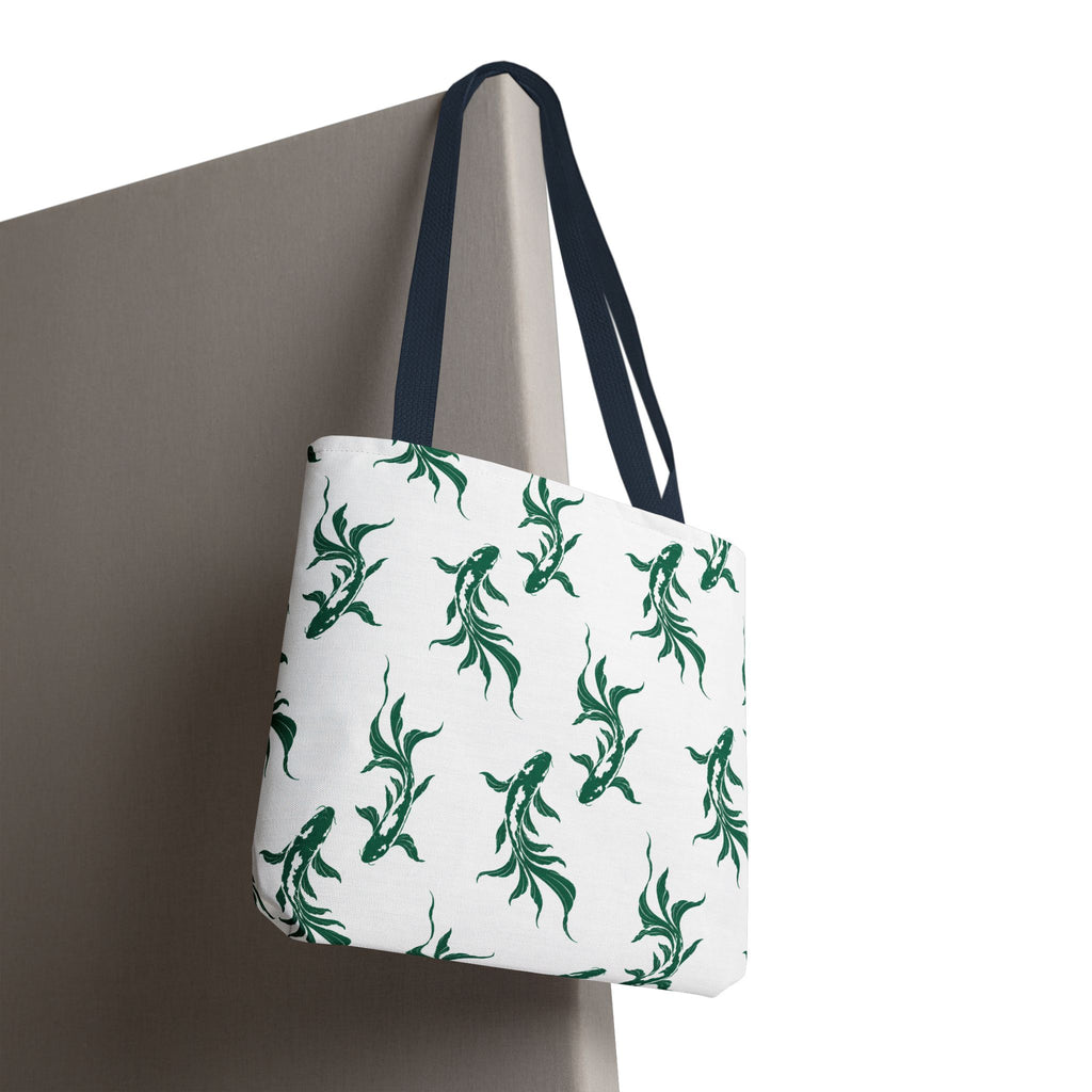 Green Koi Fish Pattern Tote Bag — Floral Aquatic All-Over Print Tote
