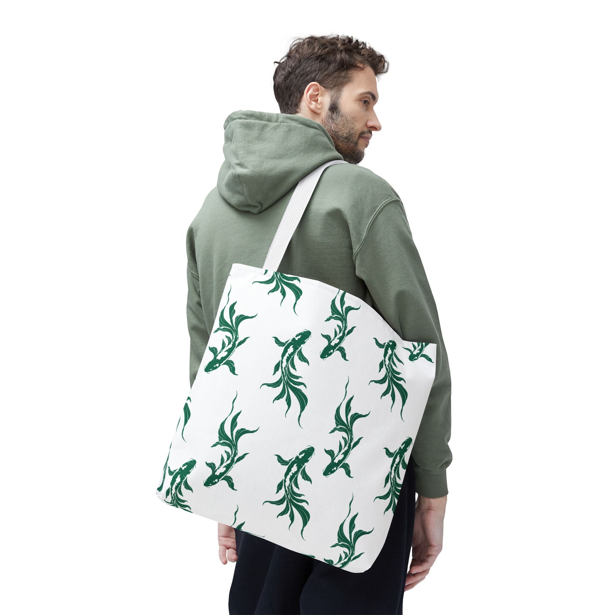 Green Koi Fish Pattern Tote Bag — Floral Aquatic All-Over Print Tote