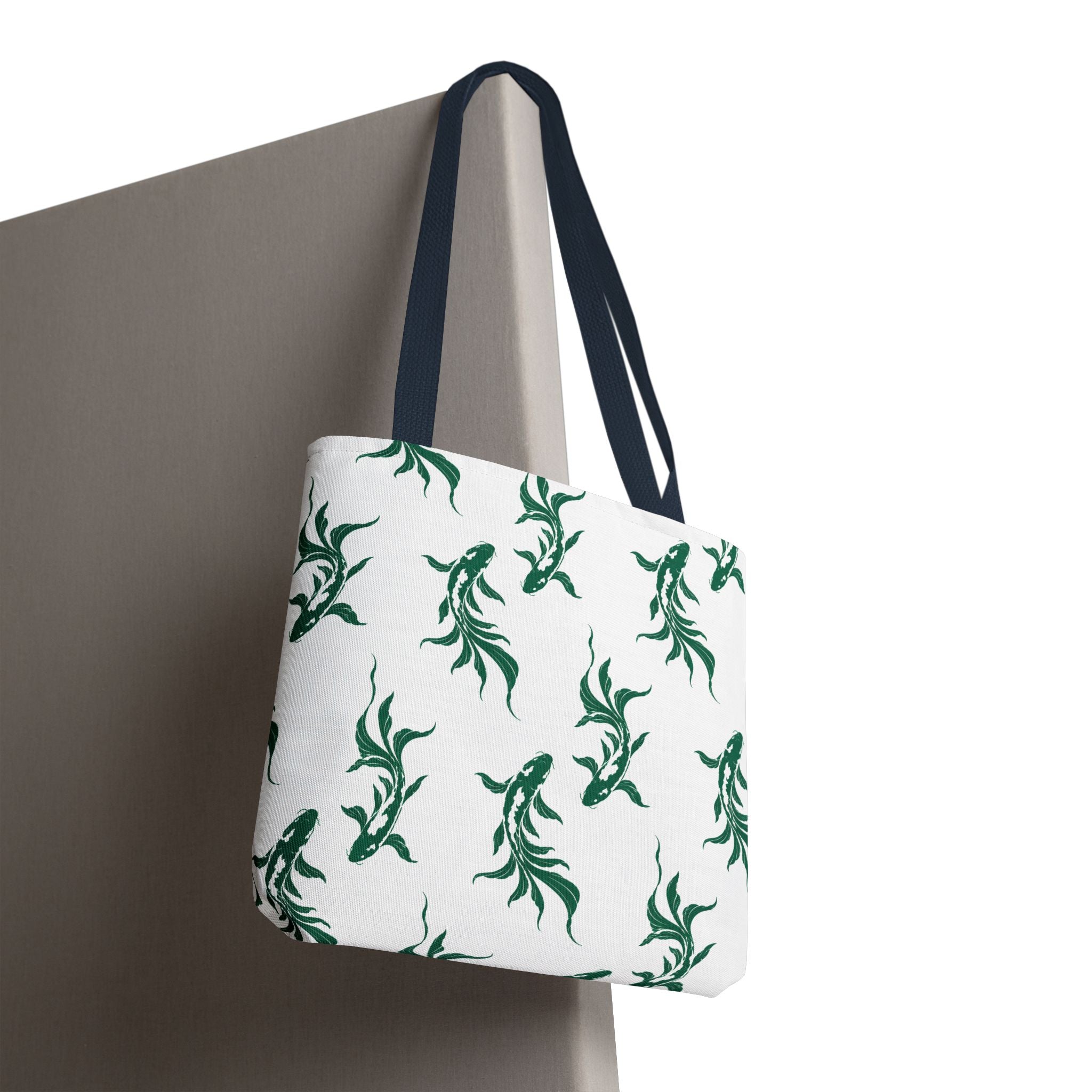 Green Koi Fish Pattern Tote Bag — Floral Aquatic All-Over Print Tote