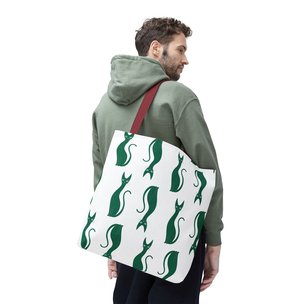 Green Cat Pattern Tote Bag — Cute Minimalist Cat Print All-Over Tote