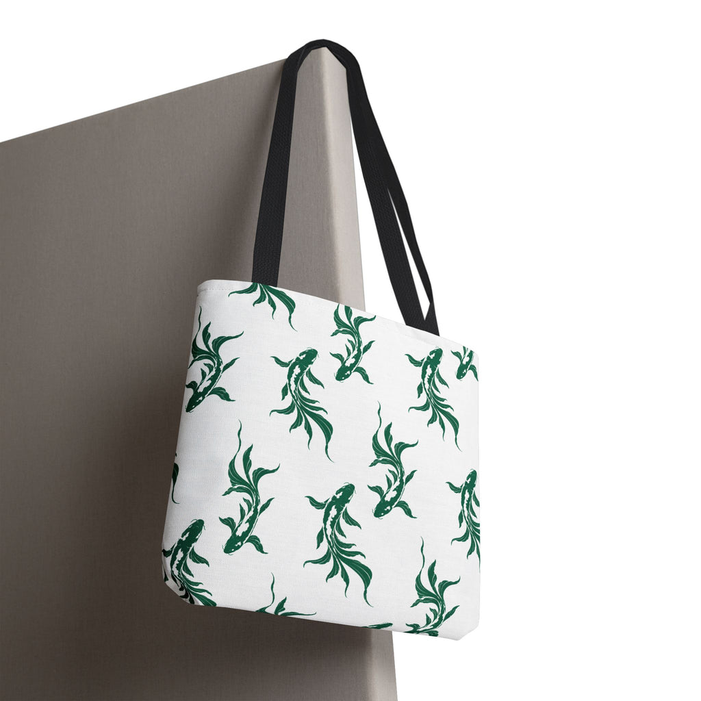 Green Koi Fish Pattern Tote Bag — Floral Aquatic All-Over Print Tote
