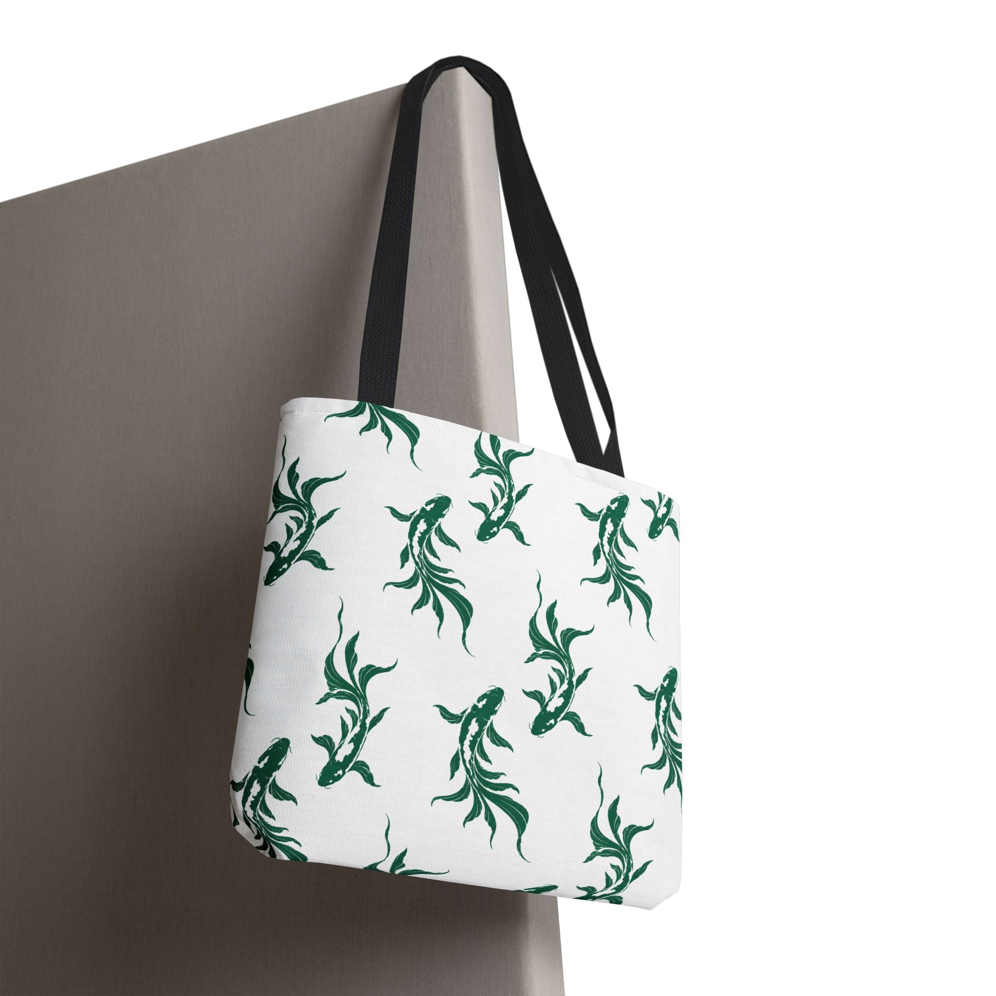 Green Koi Fish Pattern Tote Bag — Floral Aquatic All-Over Print Tote