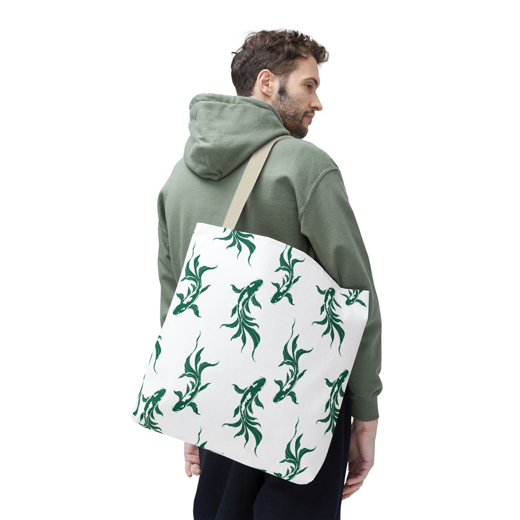 Green Koi Fish Pattern Tote Bag — Floral Aquatic All-Over Print Tote