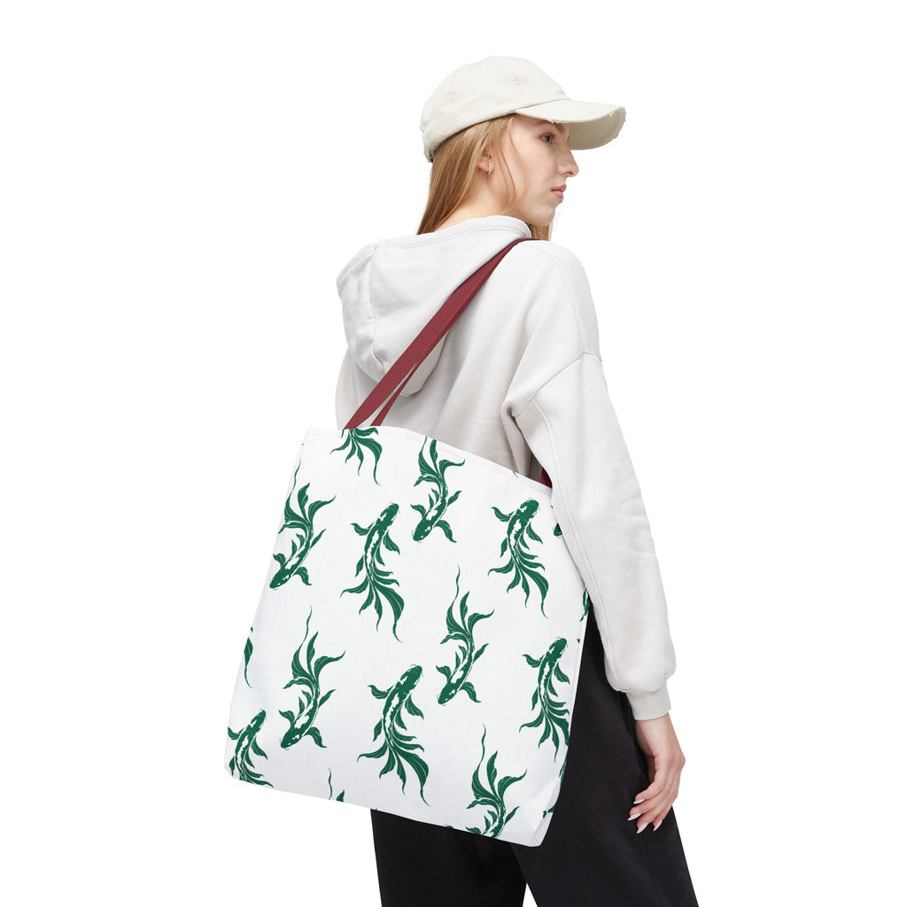 Green Koi Fish Pattern Tote Bag — Floral Aquatic All-Over Print Tote