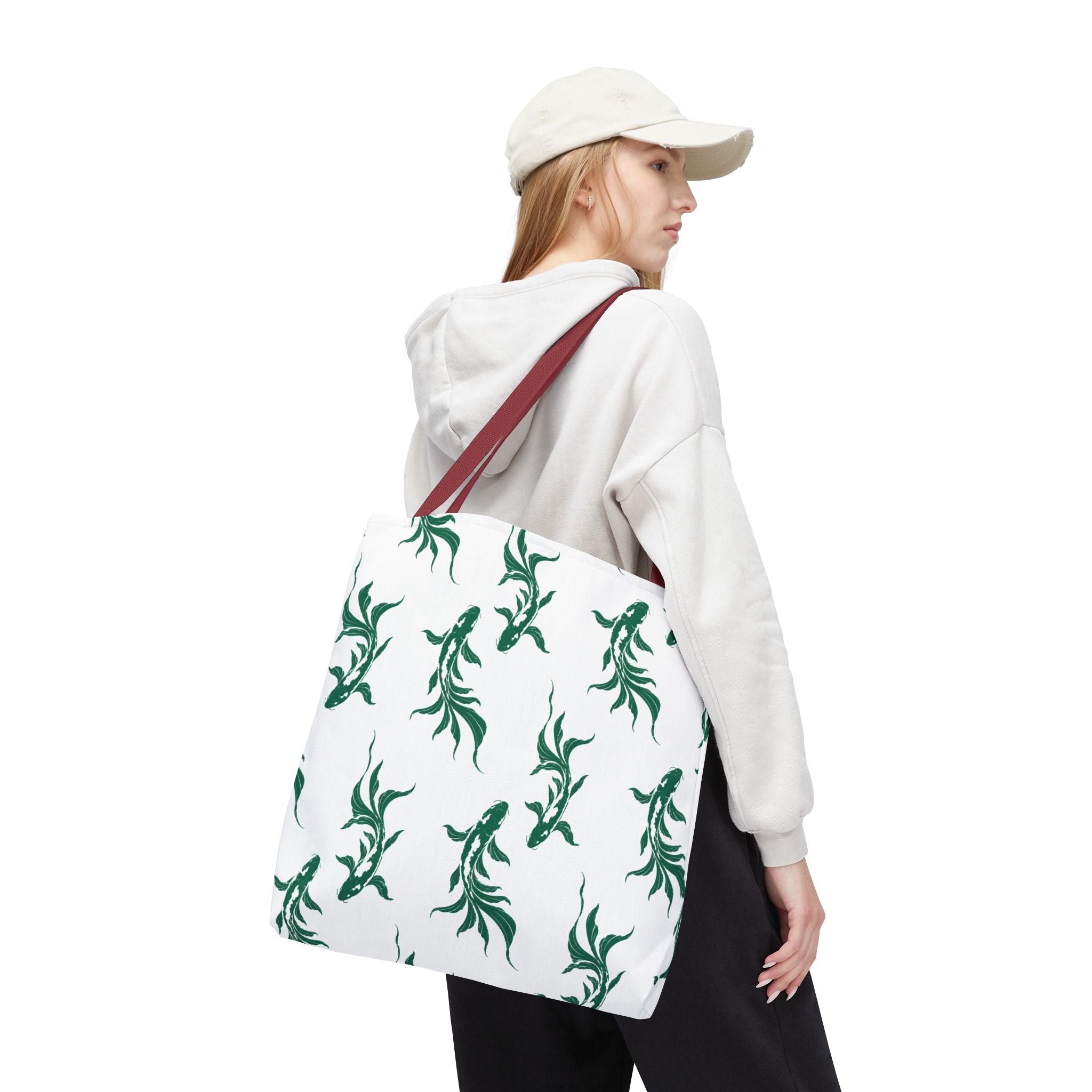 Green Koi Fish Pattern Tote Bag — Floral Aquatic All-Over Print Tote