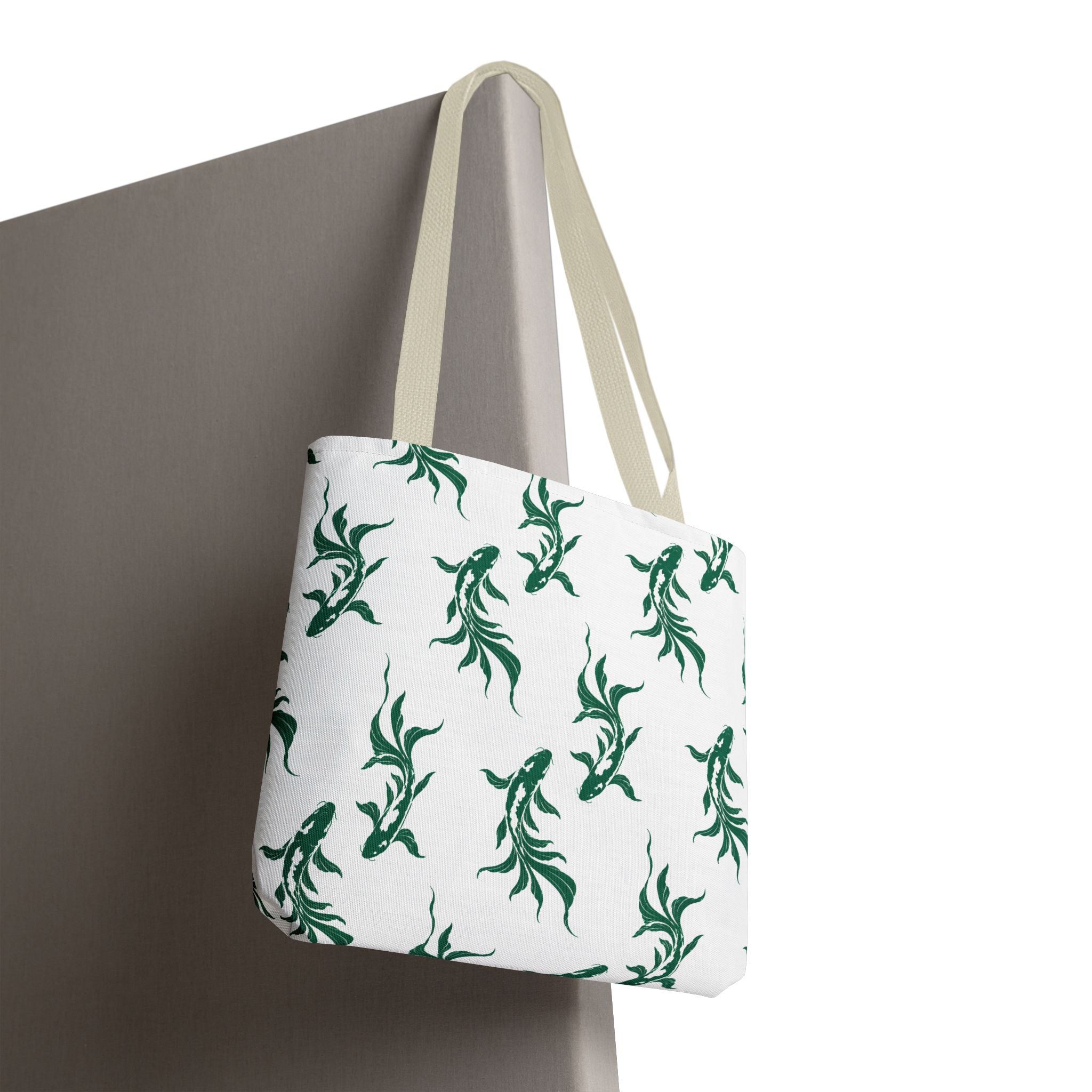 Green Koi Fish Pattern Tote Bag — Floral Aquatic All-Over Print Tote