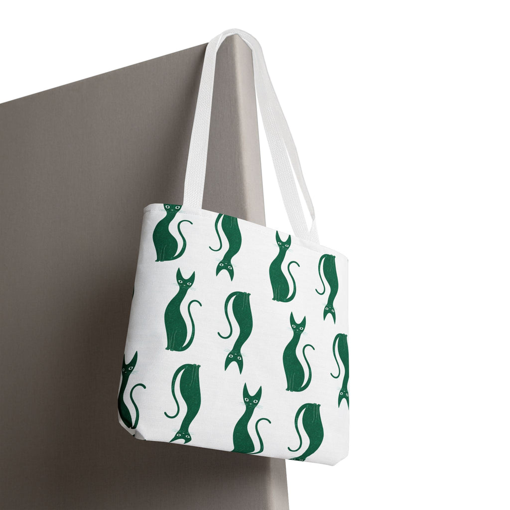 Green Cat Pattern Tote Bag — Cute Minimalist Cat Print All-Over Tote