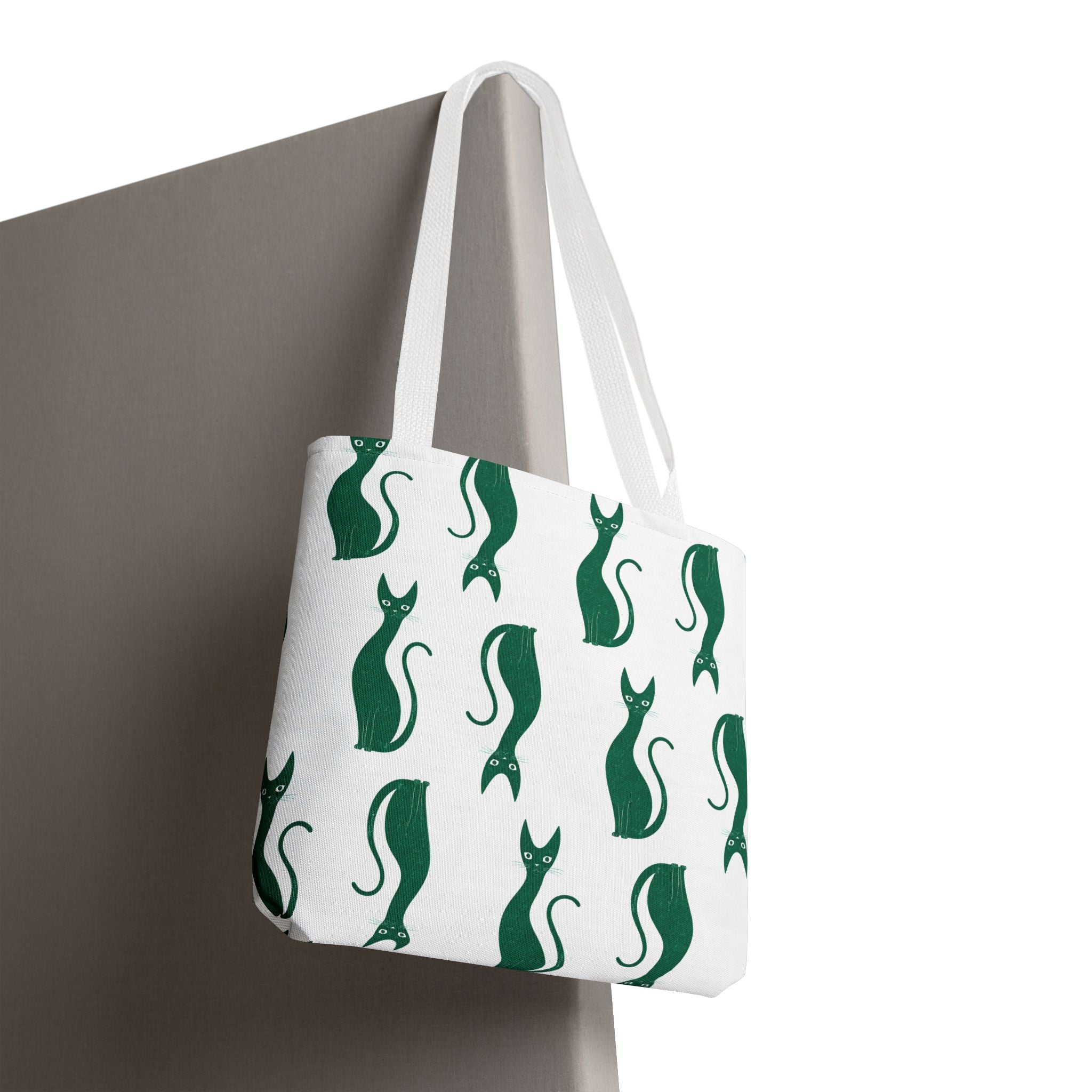 Green Cat Pattern Tote Bag — Cute Minimalist Cat Print All-Over Tote