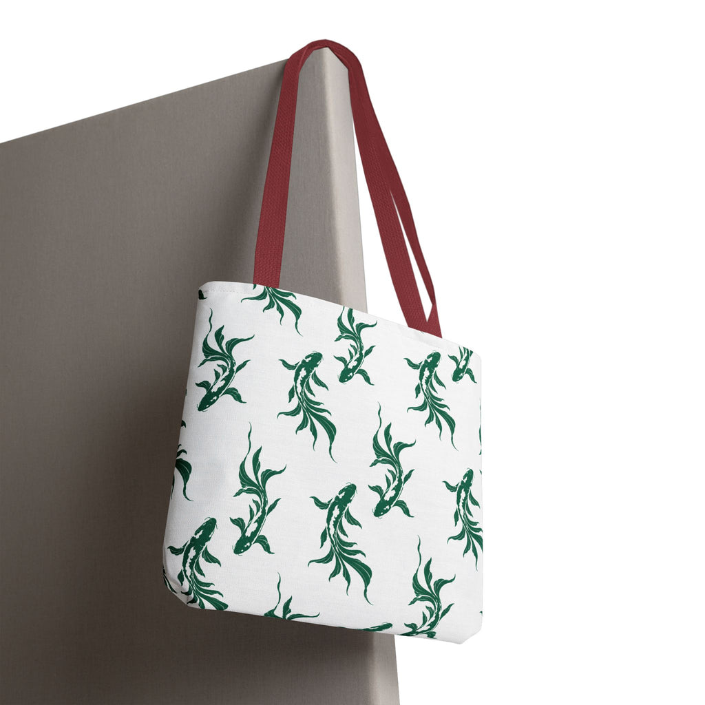 Green Koi Fish Pattern Tote Bag — Floral Aquatic All-Over Print Tote