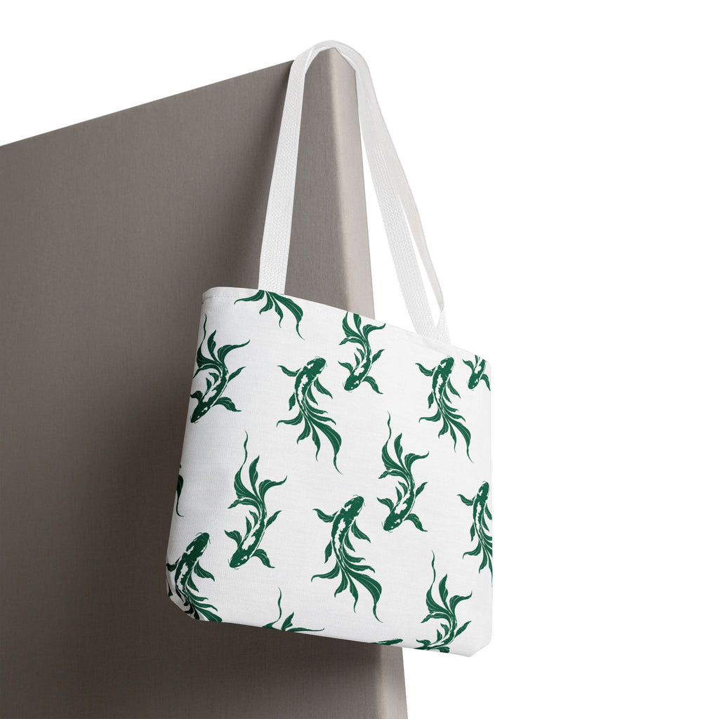 Green Koi Fish Pattern Tote Bag — Floral Aquatic All-Over Print Tote