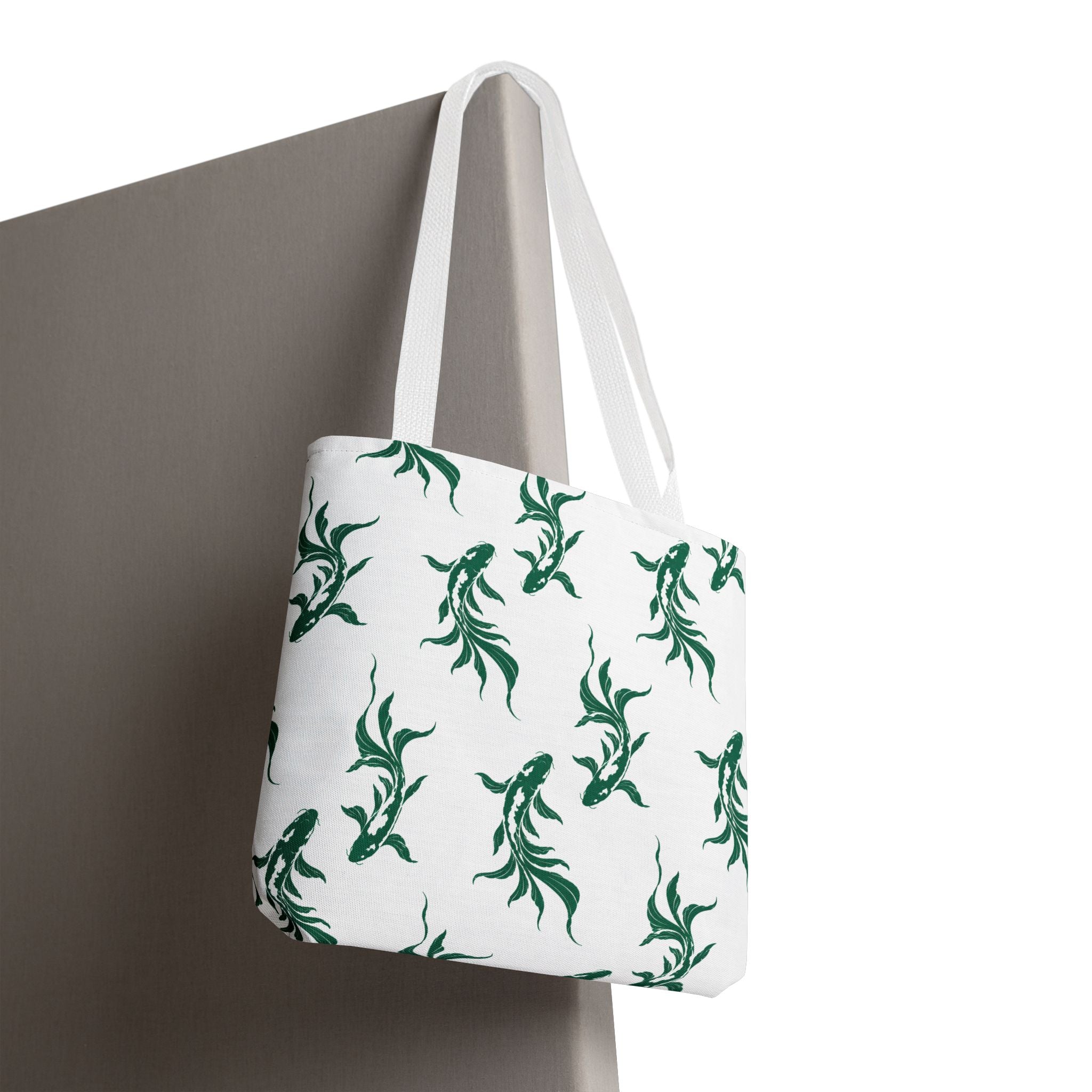 Green Koi Fish Pattern Tote Bag — Floral Aquatic All-Over Print Tote