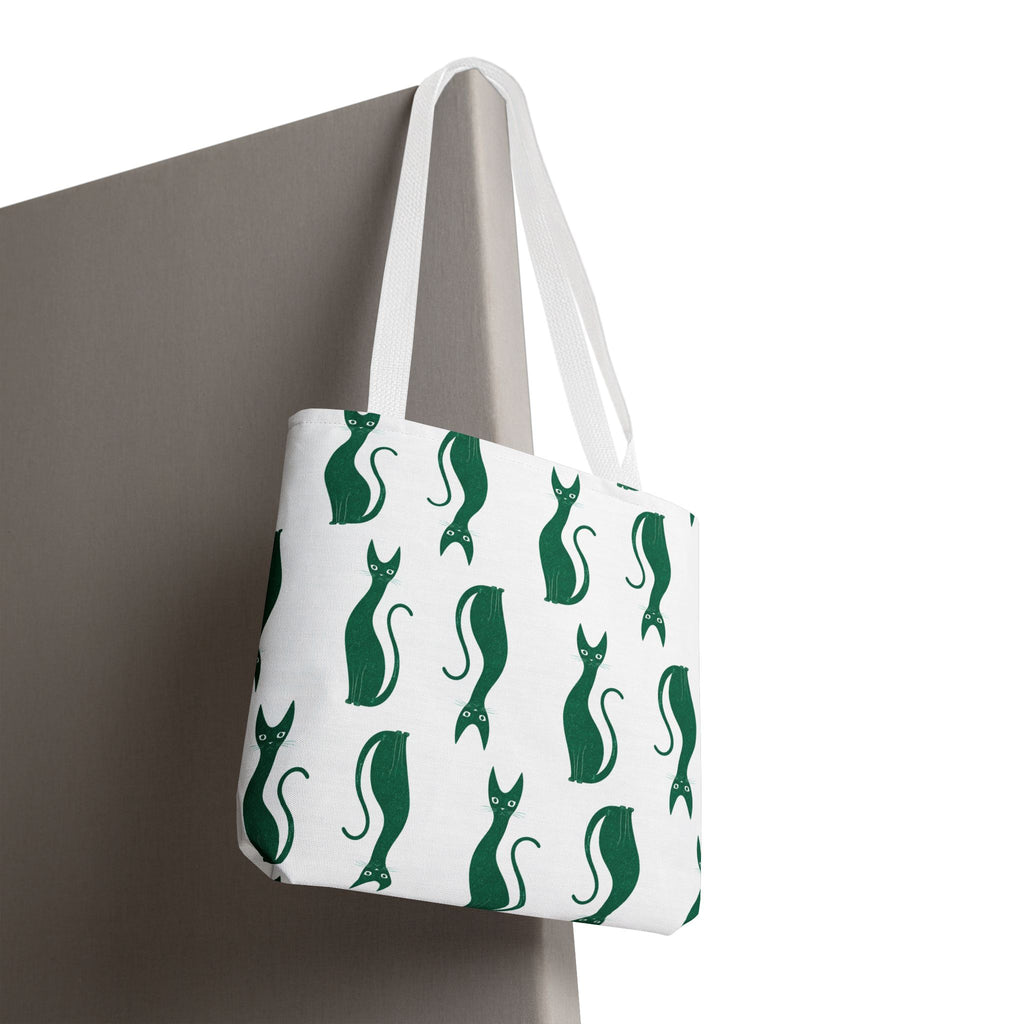 Green Cat Pattern Tote Bag — Cute Minimalist Cat Print All-Over Tote