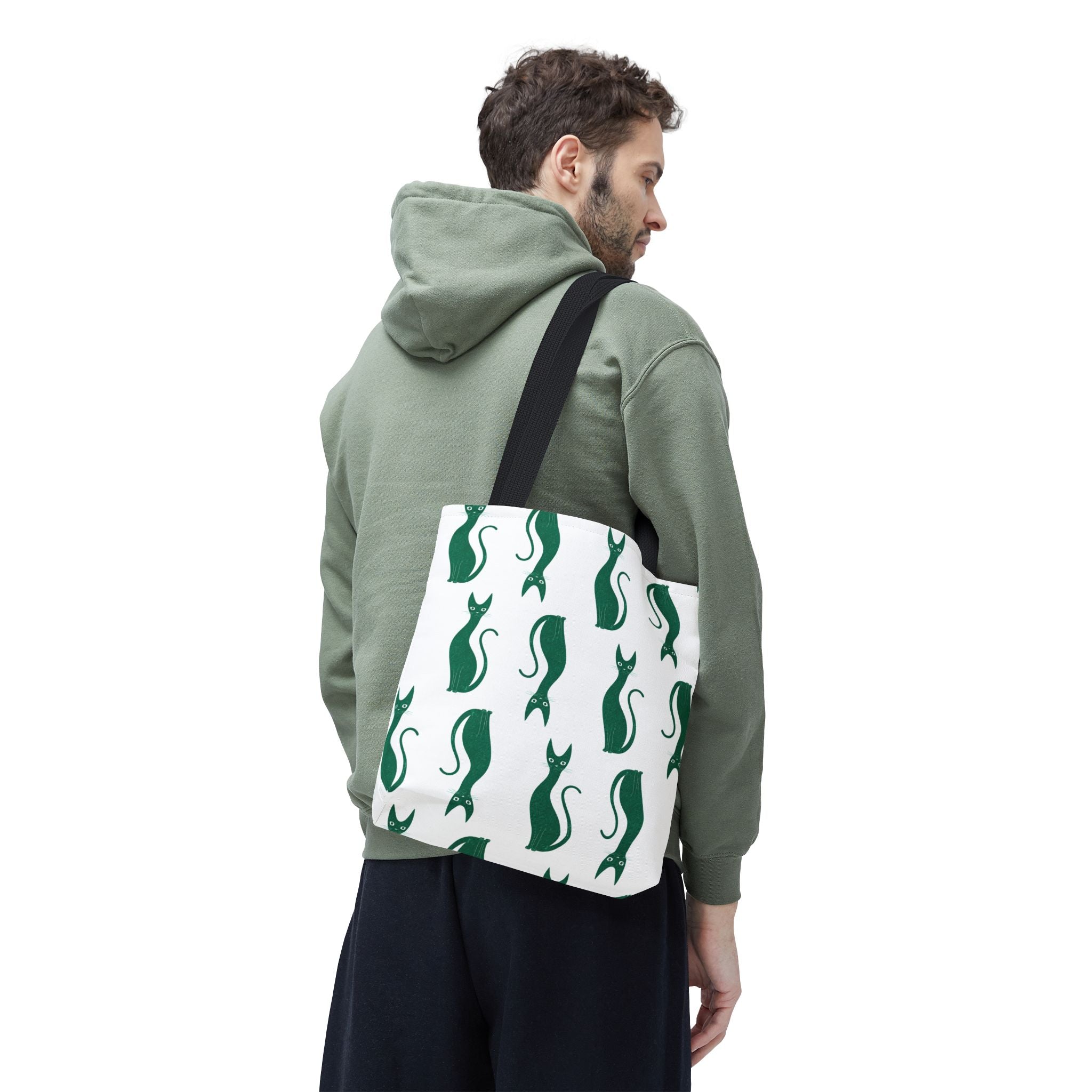 Green Cat Pattern Tote Bag — Cute Minimalist Cat Print All-Over Tote