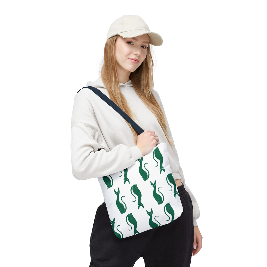 Green Cat Pattern Tote Bag — Cute Minimalist Cat Print All-Over Tote