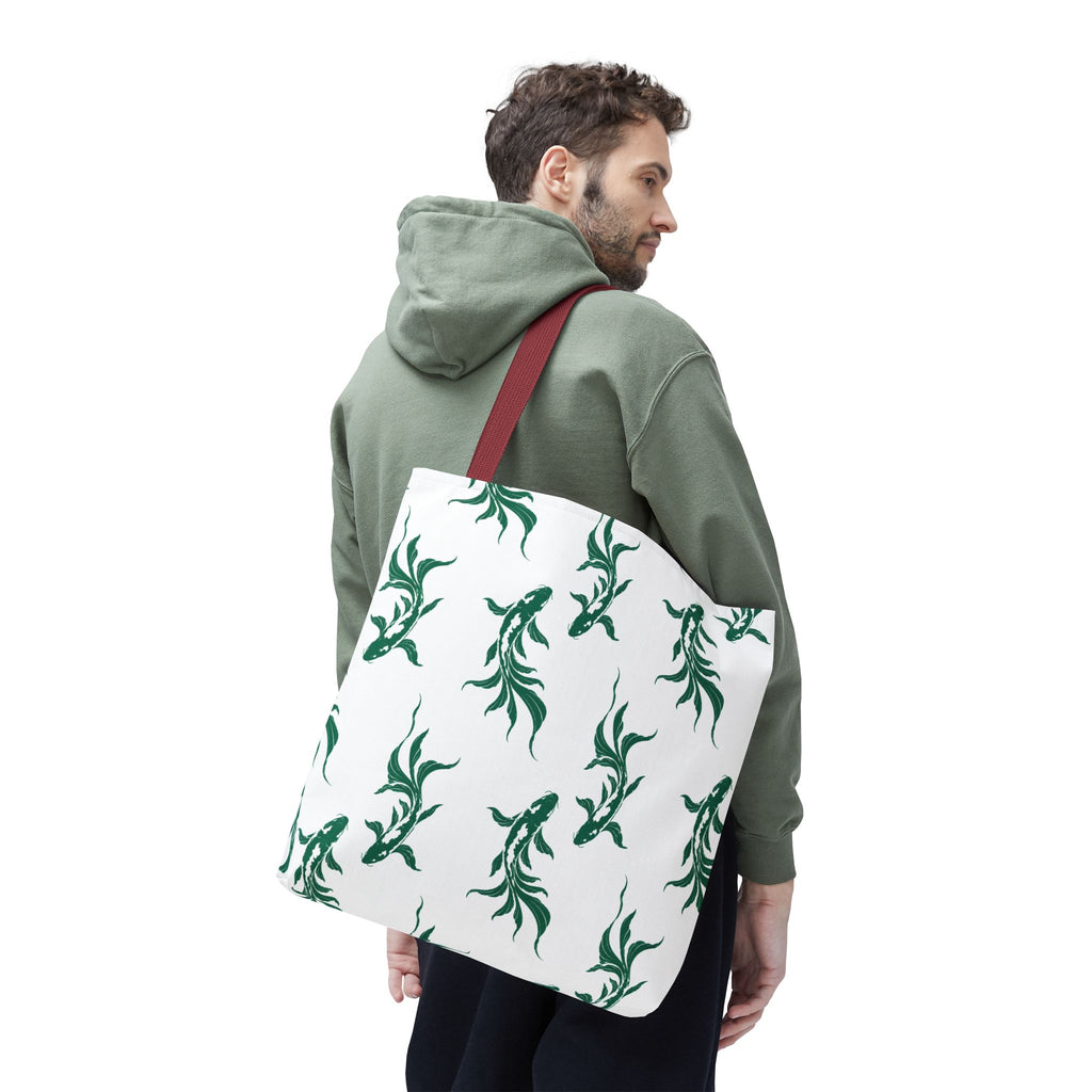 Green Koi Fish Pattern Tote Bag — Floral Aquatic All-Over Print Tote