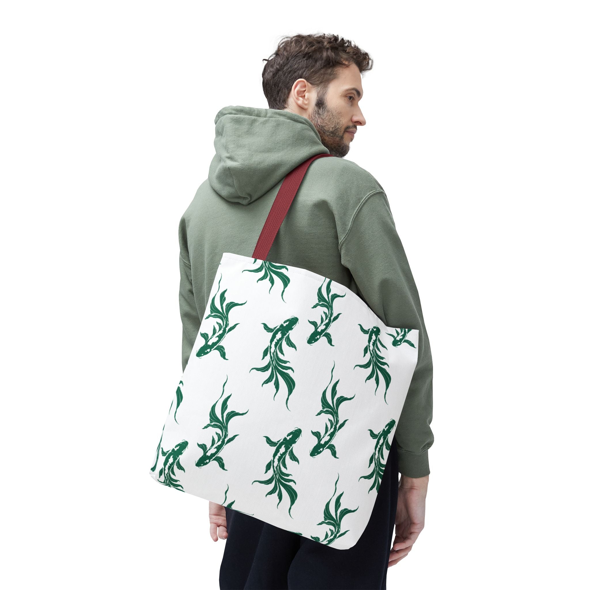 Green Koi Fish Pattern Tote Bag — Floral Aquatic All-Over Print Tote