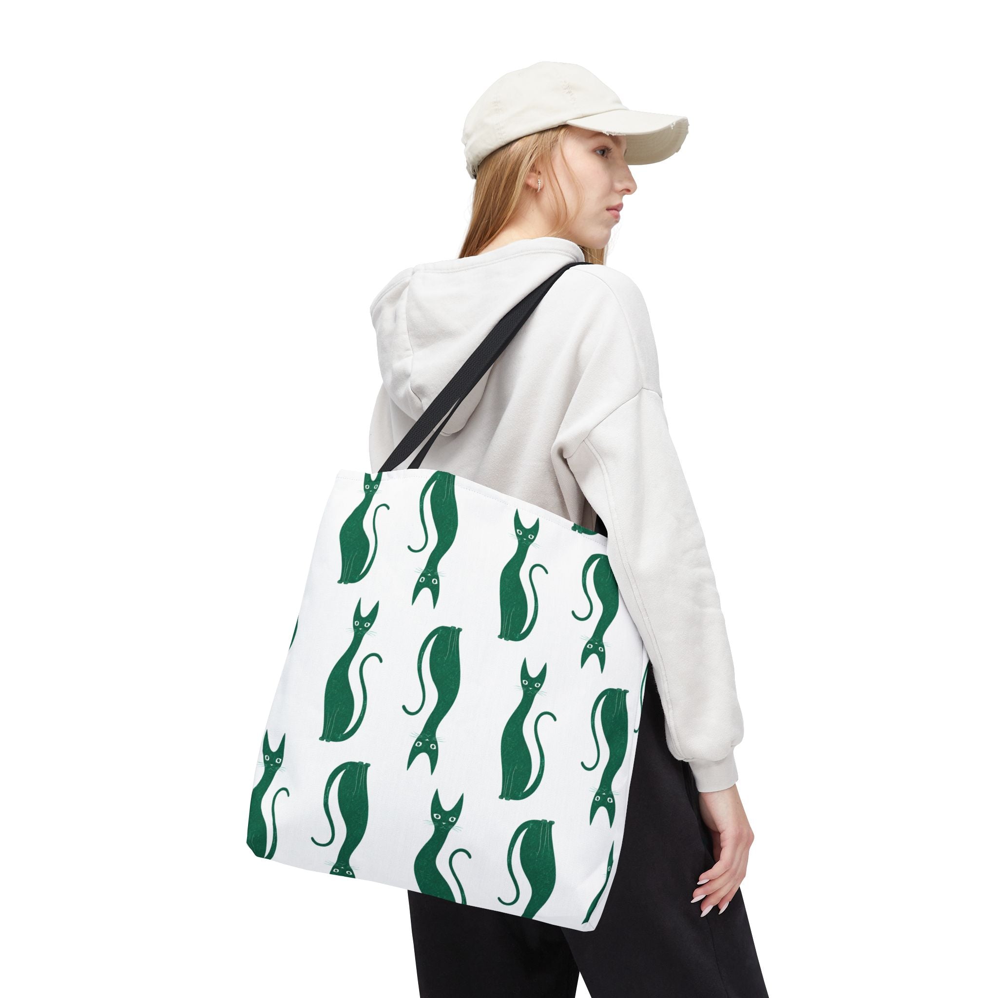 Green Cat Pattern Tote Bag — Cute Minimalist Cat Print All-Over Tote
