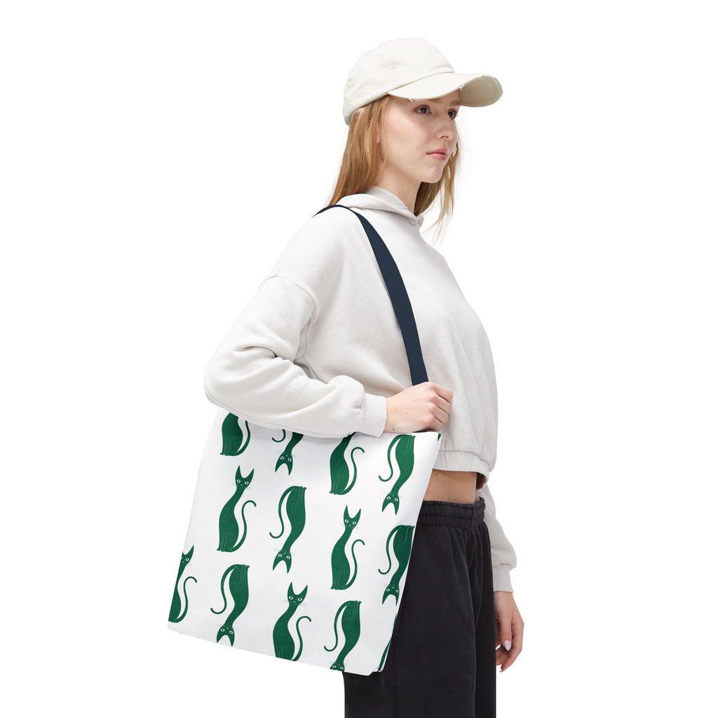 Green Cat Pattern Tote Bag — Cute Minimalist Cat Print All-Over Tote