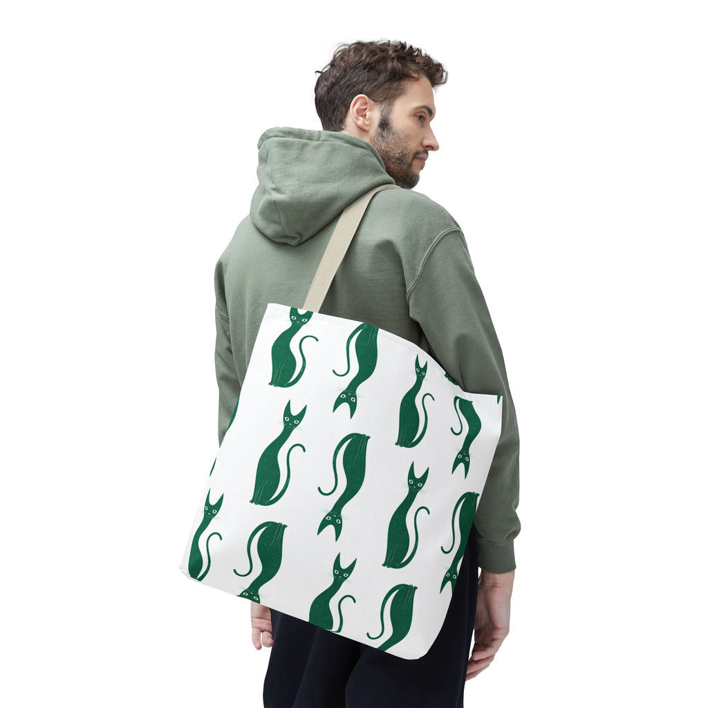 Green Cat Pattern Tote Bag — Cute Minimalist Cat Print All-Over Tote