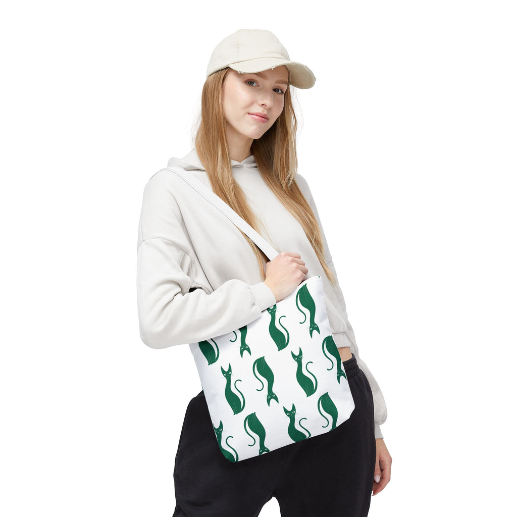 Green Cat Pattern Tote Bag — Cute Minimalist Cat Print All-Over Tote