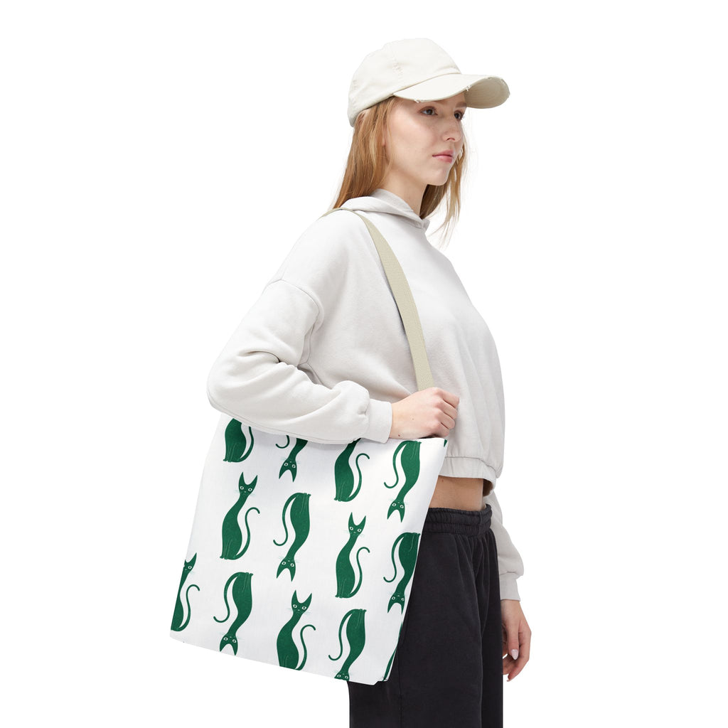 Green Cat Pattern Tote Bag — Cute Minimalist Cat Print All-Over Tote