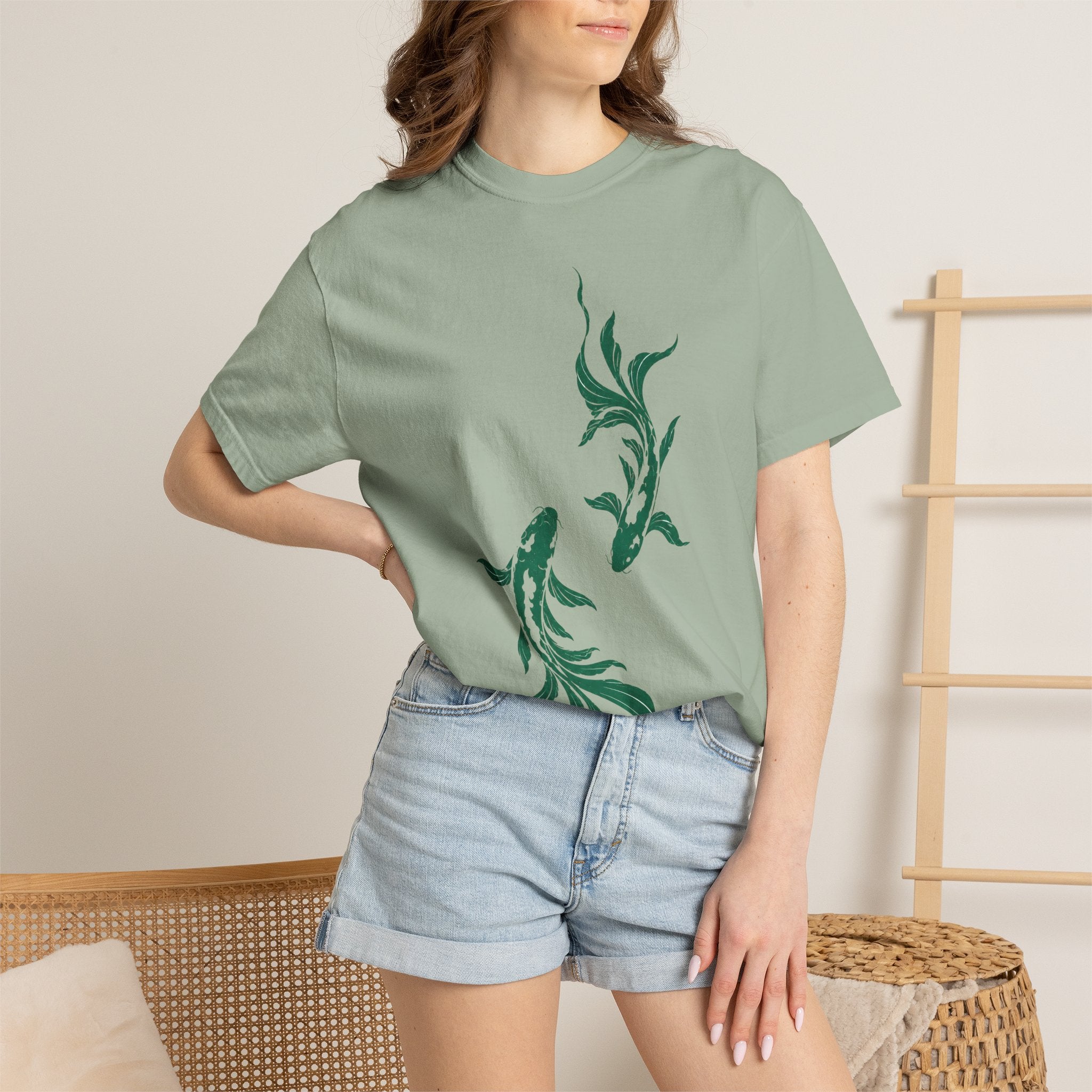 Koi Fish Graphic T-Shirt – Green Dual Koi Design