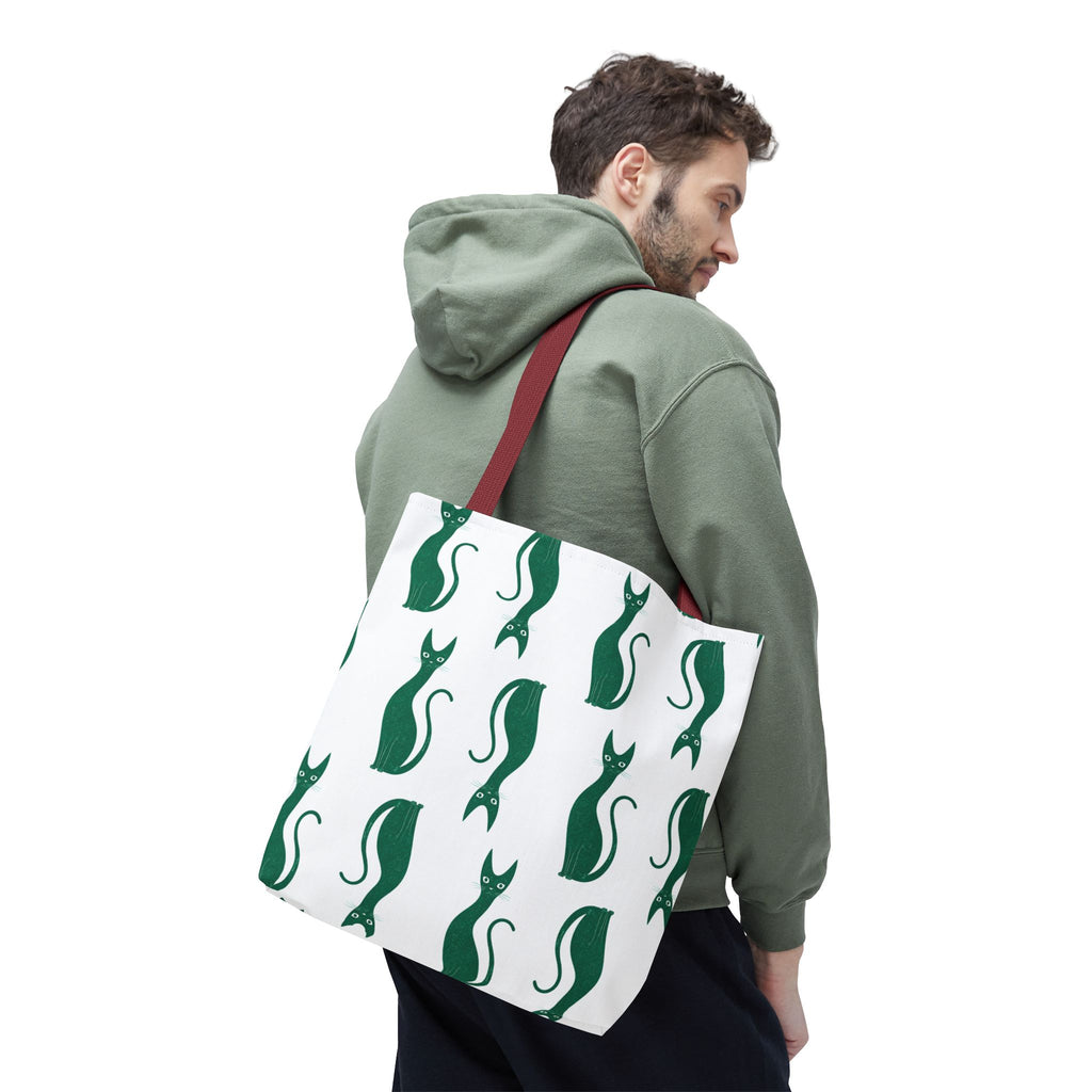 Green Cat Pattern Tote Bag — Cute Minimalist Cat Print All-Over Tote