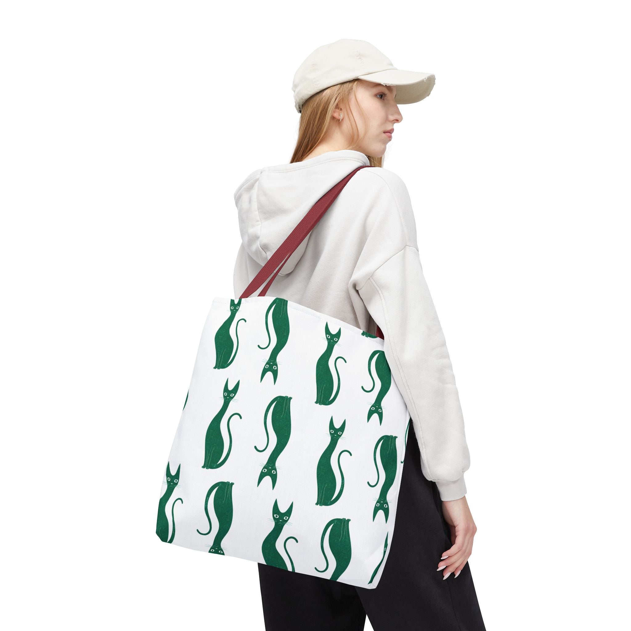 Green Cat Pattern Tote Bag — Cute Minimalist Cat Print All-Over Tote