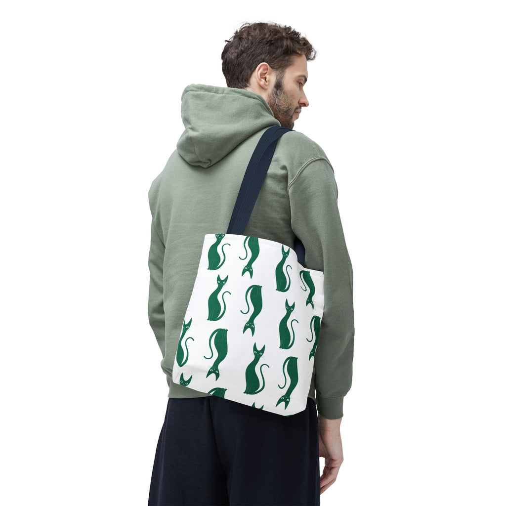 Green Cat Pattern Tote Bag — Cute Minimalist Cat Print All-Over Tote